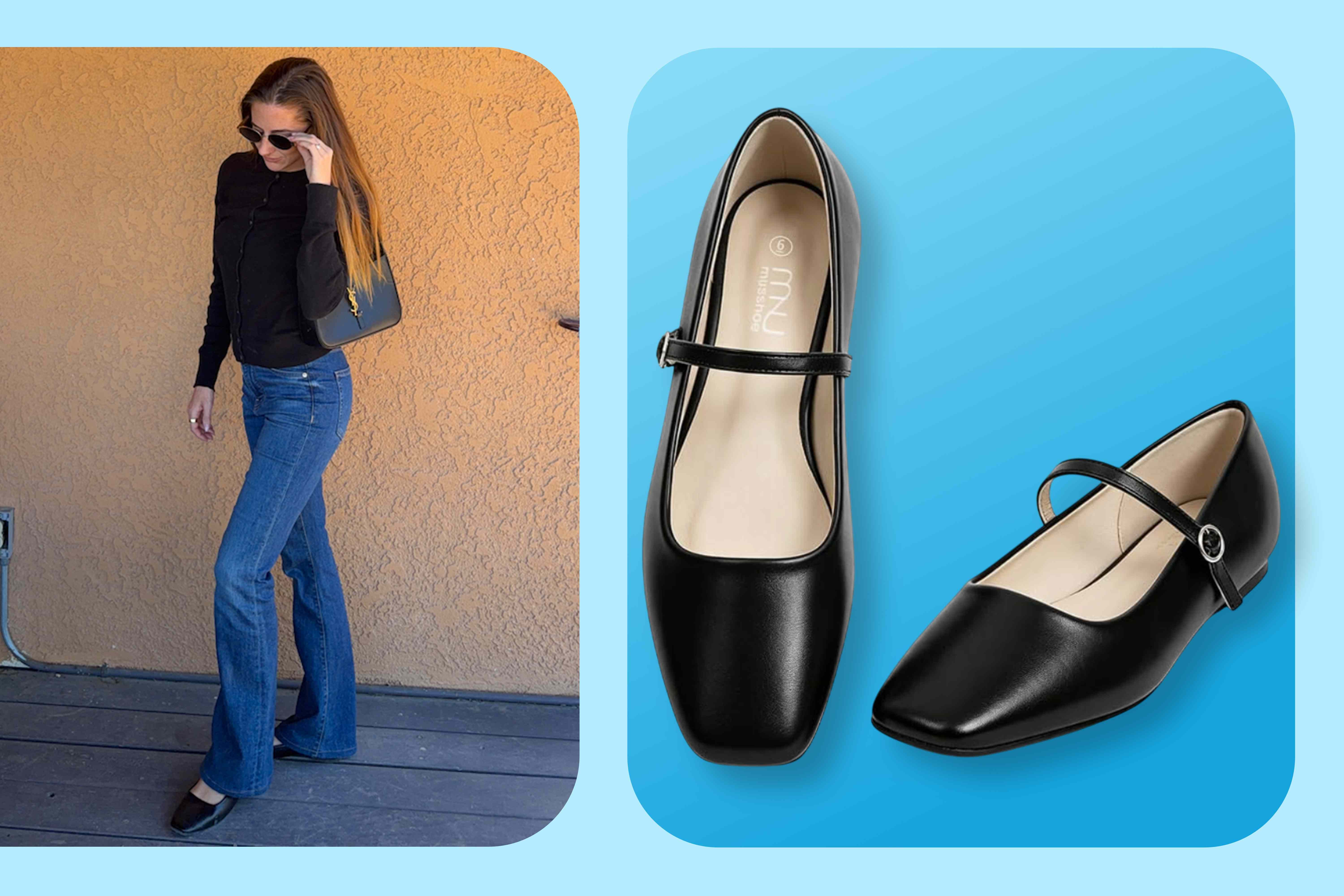 A person walking outdoors wearing jeans and ballet flats next to a closeup of black ballet flats with a strap Credit: People; Amazon