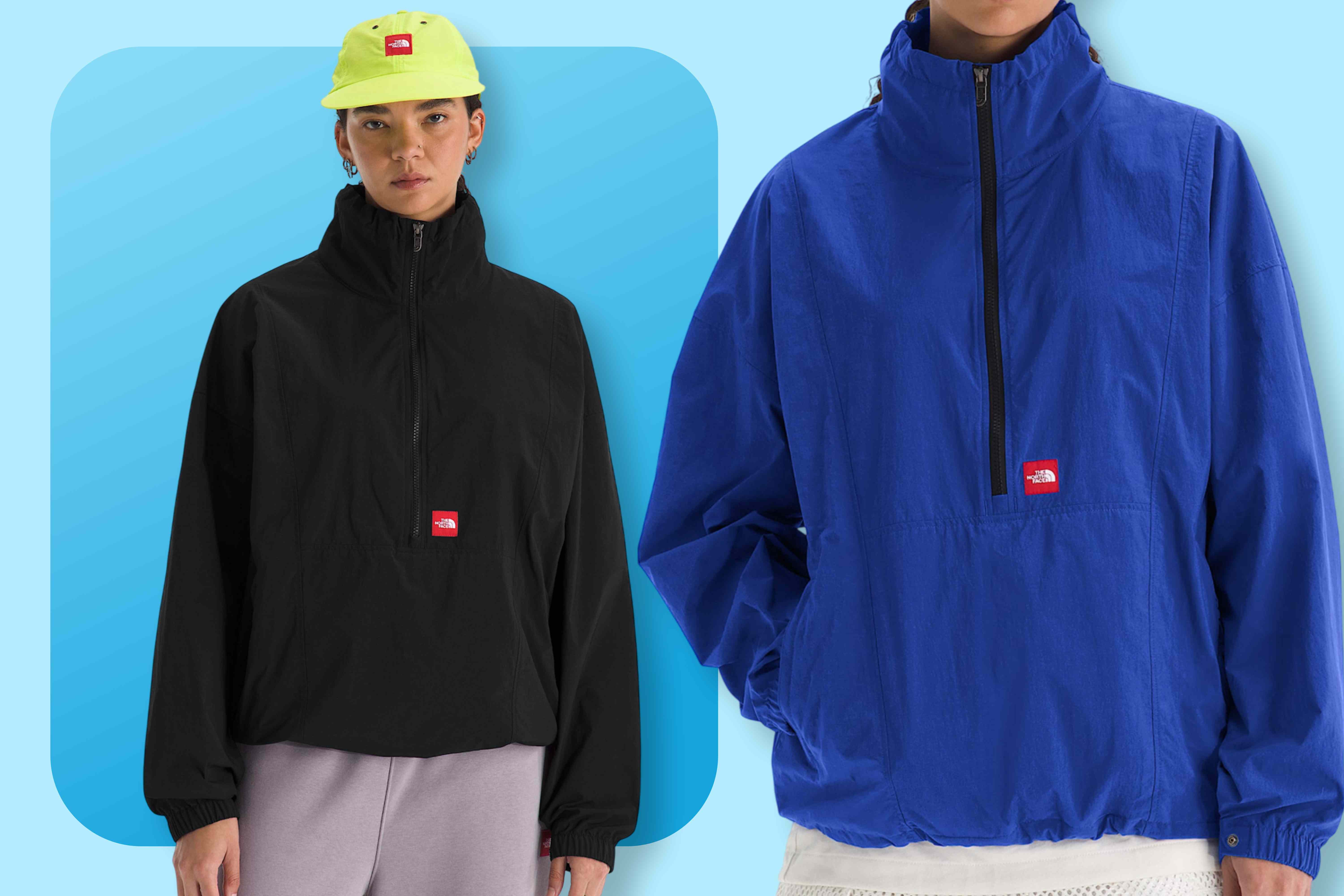 Two models showcasing lightweight jackets ideal for transitioning between summer and fall one in black and the other in blue Credit: The North Face(2)