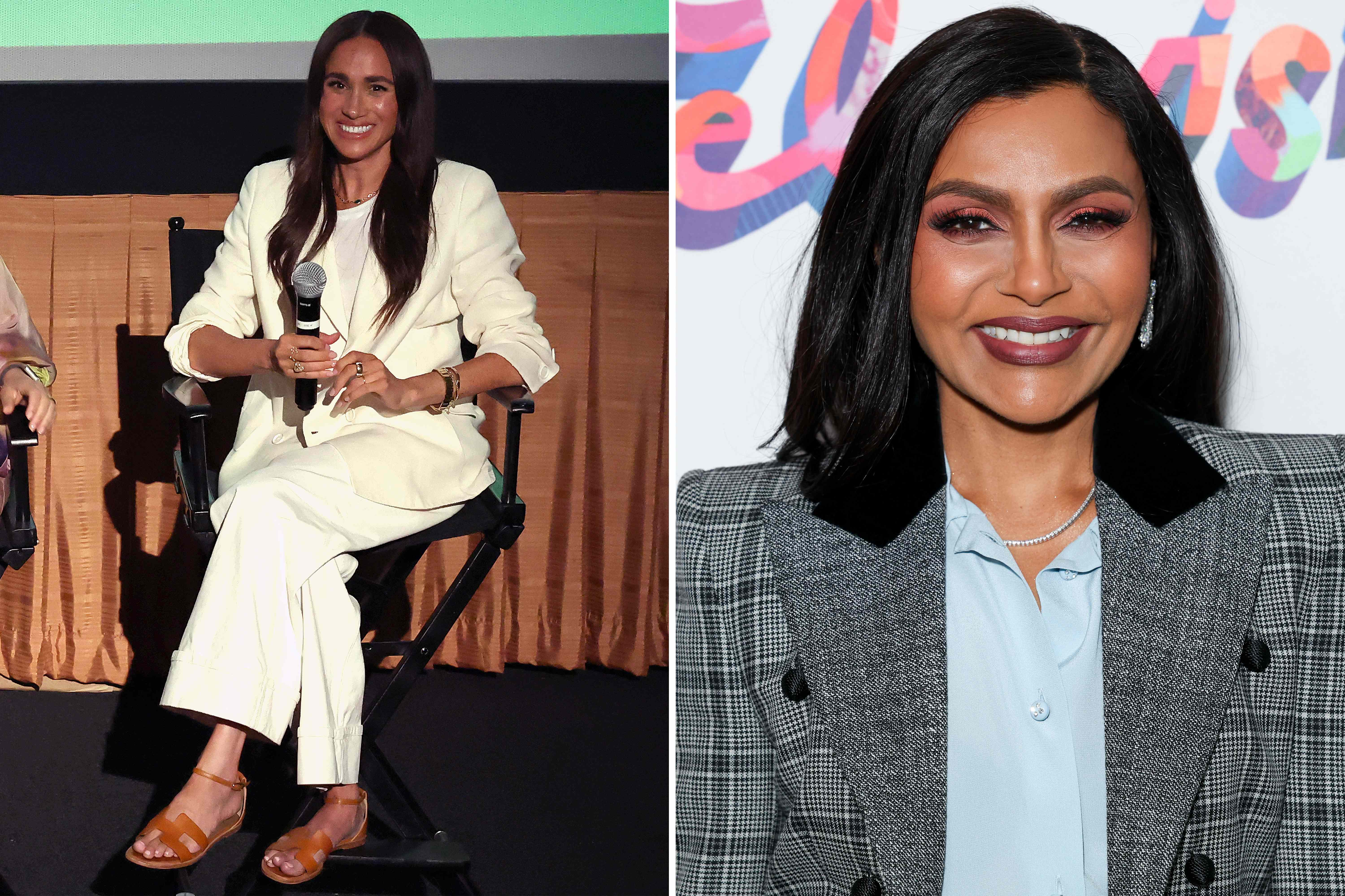 Split image showing Meghan Duchess of Sussex speaking into a microphone while seated and Mindy Kaling smiling at an event Credit: Eric Charbonneau / Roadside Attractions via Getty Images; JC Olivera / Deadline via Getty Images