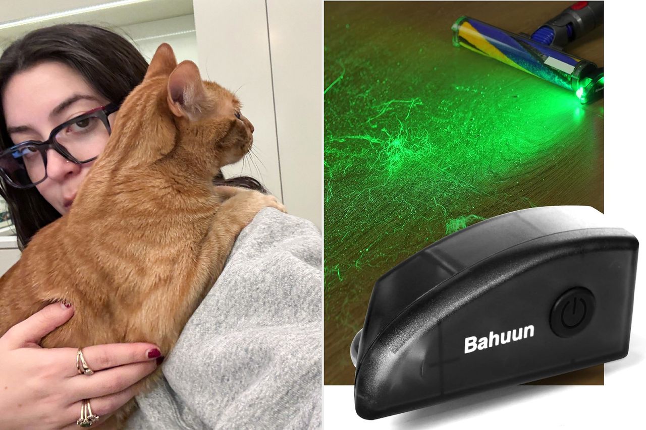 A woman holding a cat on the right a handheld UV flashlight and a cleaning tool labeled Bahuun Credit: People; Amazon