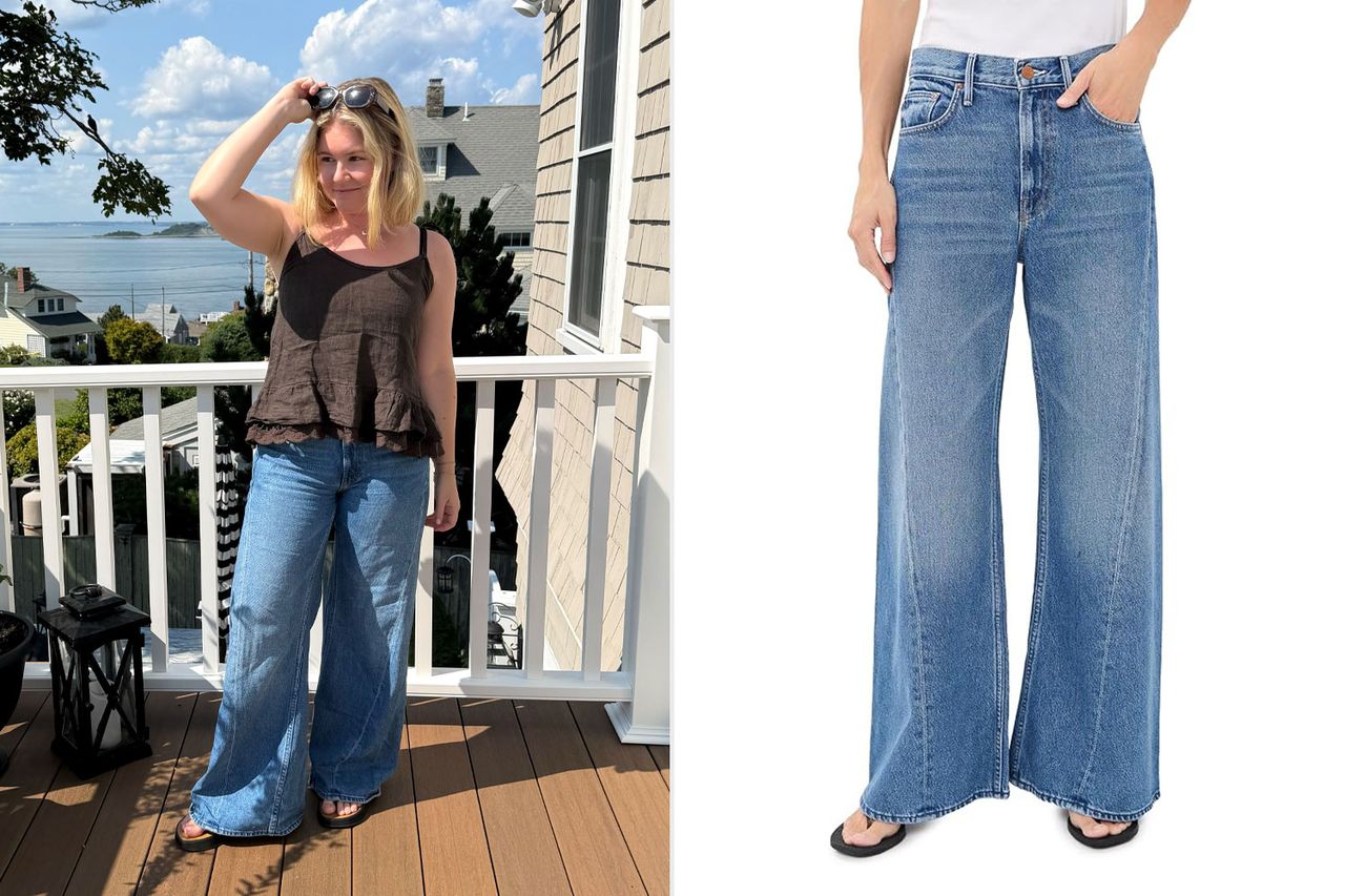 Two images a person in an ensemble including wideleg jeans on the left and the jeans displayed alone on the right Credit: Amazon