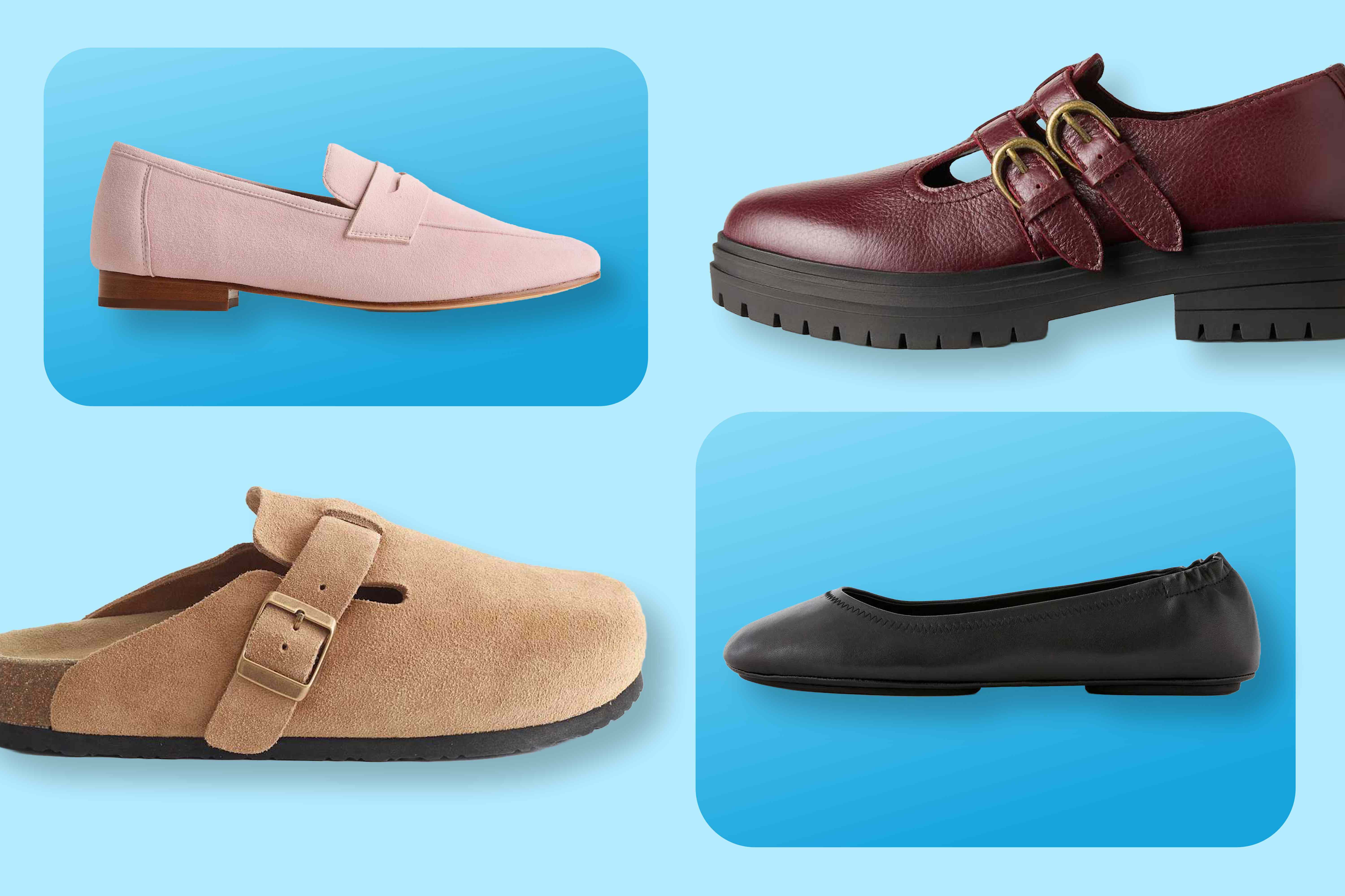 Four types of footwear including loafers clogs Mary Janes and ballet flats Credit: Quince (4)