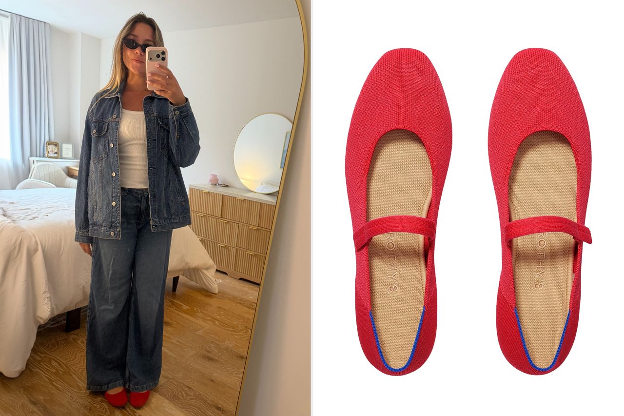 A person taking a mirror selfie while wearing denim and red ballet flats next to a closeup shot of the shoes Credit: People; Rothy’s