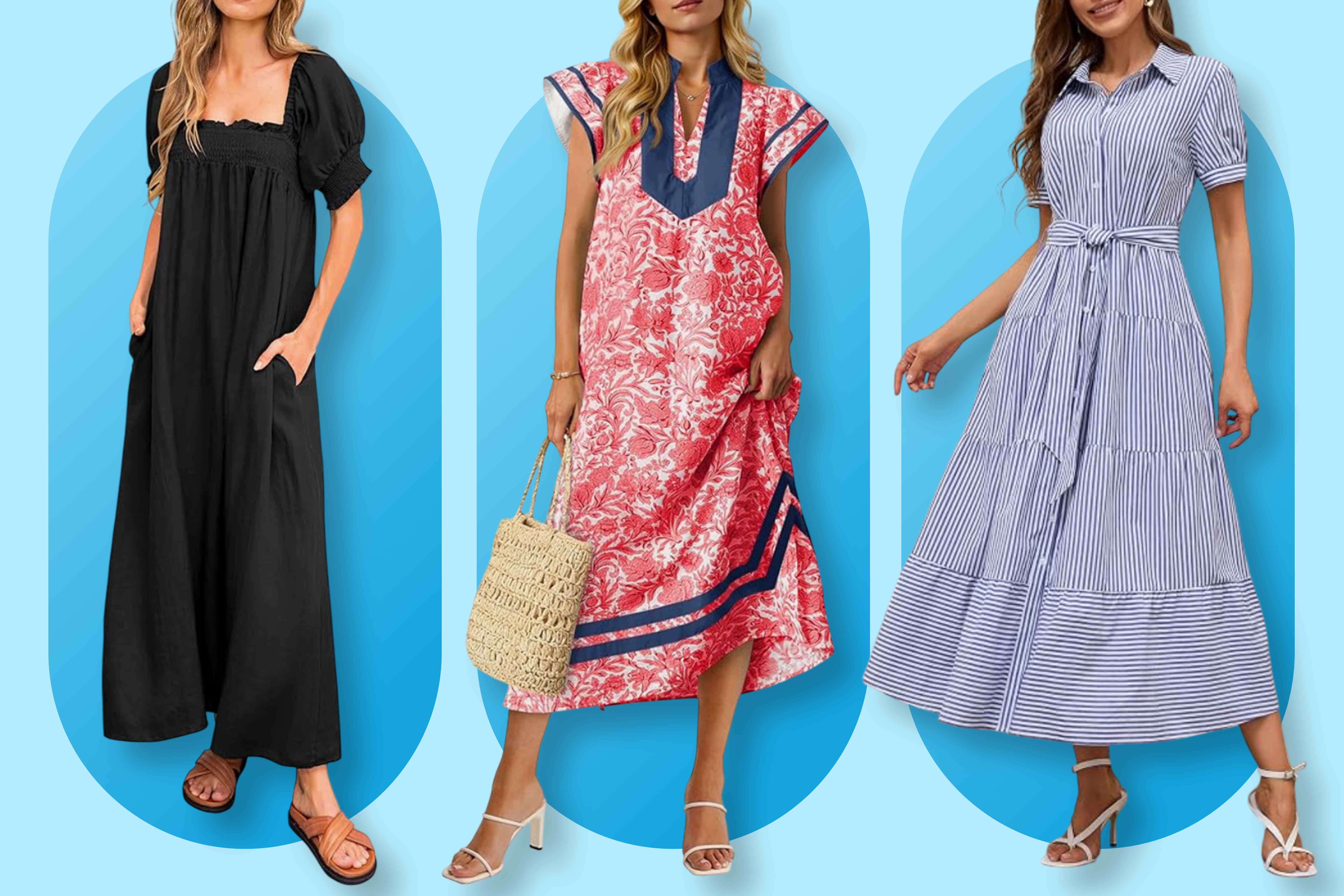 Three women modeling casual dresses against a blue background showcasing different dress styles Credit: Amazon(3)