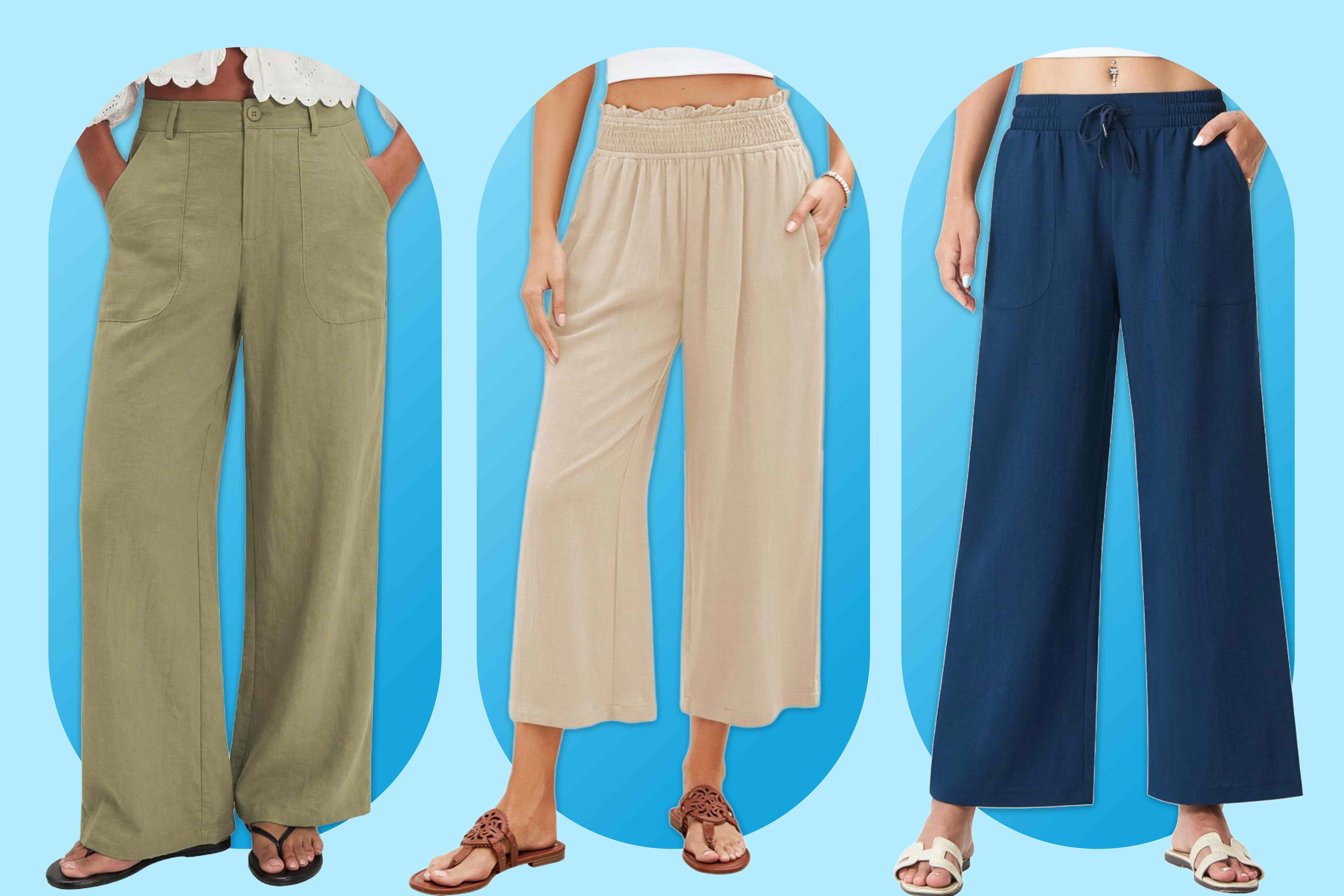 Three styles of linenlike pants displayed one in green with a flat front one beige with an elastic waistband and one navy with a drawstring Credit: Amazon (3)