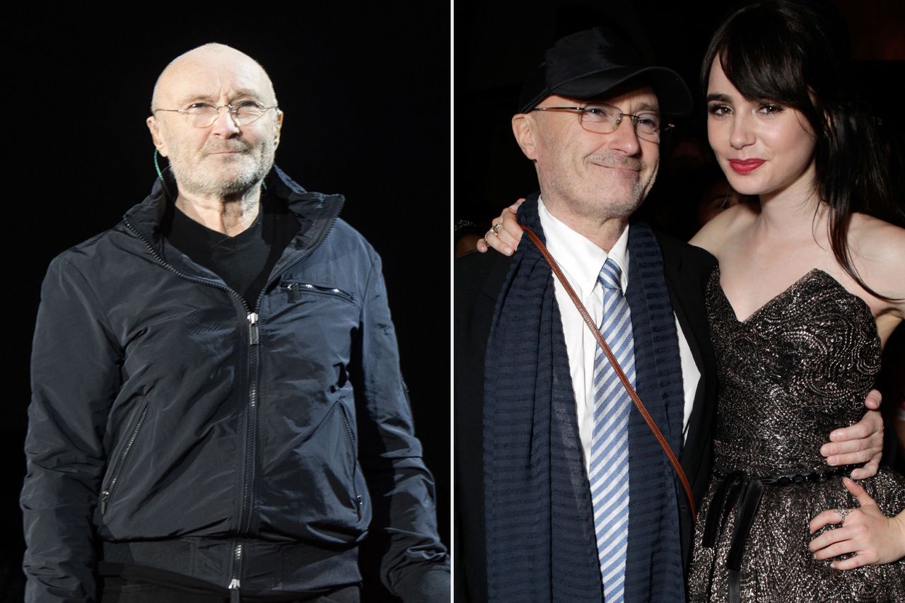 Phil Collins; Phil Collins with daughter Lily Collins Phil Collins in 2017, Phil Collins (left) and daughter Lily Collins (right) in 2012.Credit: Samir Hussein/Redferns; Todd Williamson/Getty Images For Relativity Media