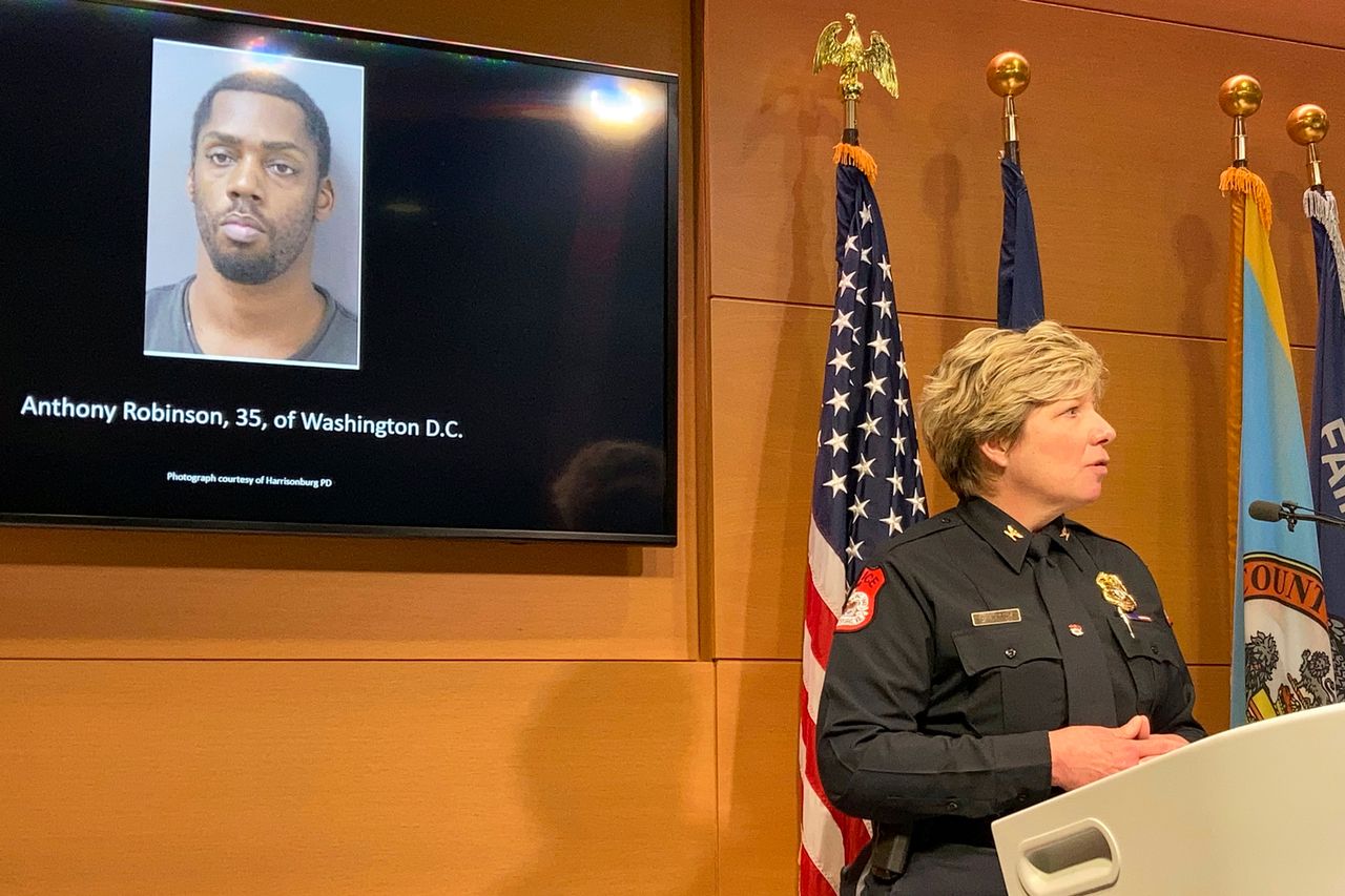 Harrisonburg, Va., Police Chief Kelley Warner discussing murder charges against Anthony Robinson.Credit: Matthew Barakat/AP Photo
