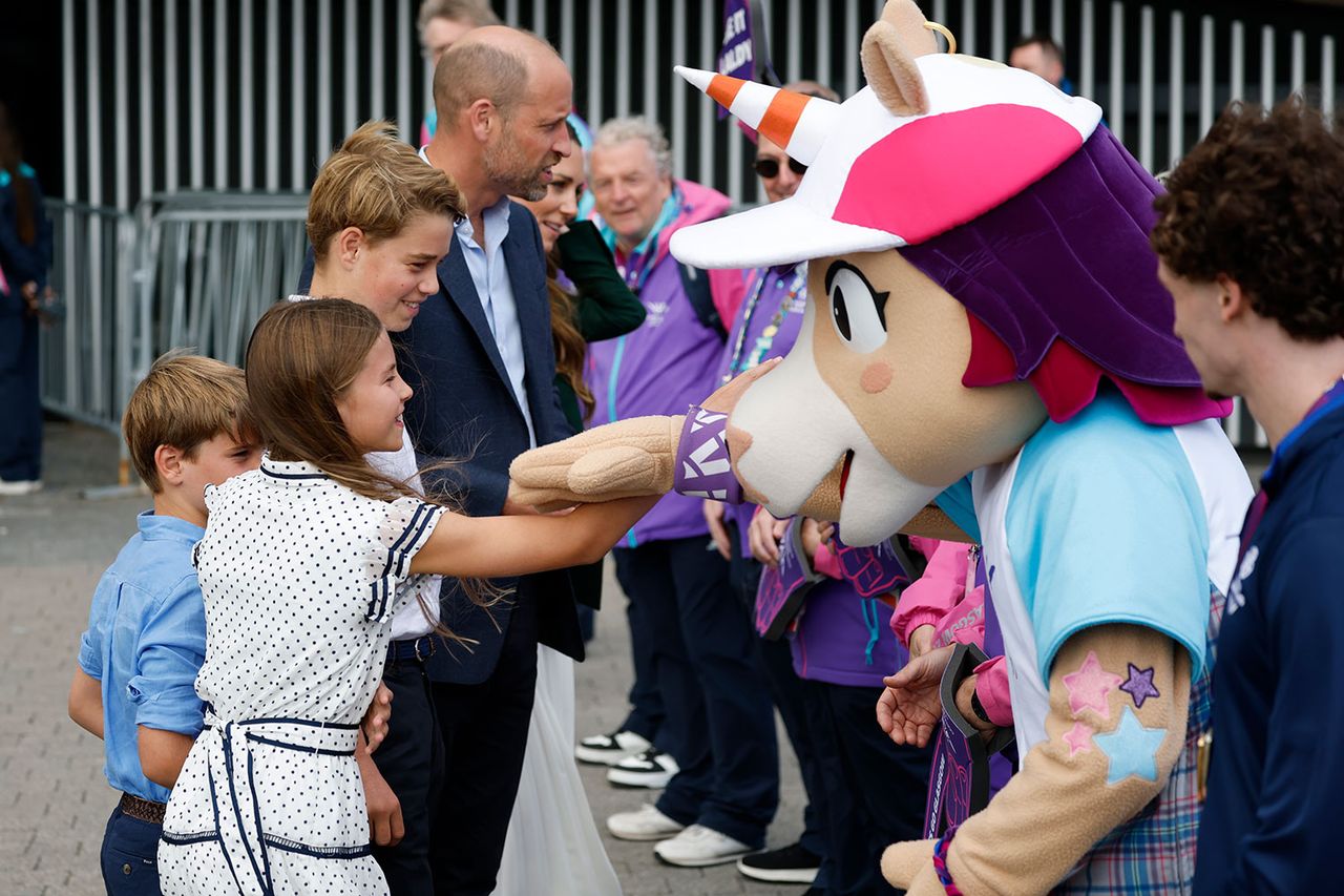 Princess Charlotte high-fives Finnie, the mascot of the Commonwealth Games, outside the SEC Centre in Glasgow, Scotland, on Aug. 1, 2026Credit: Jeff J Mitchell/Getty