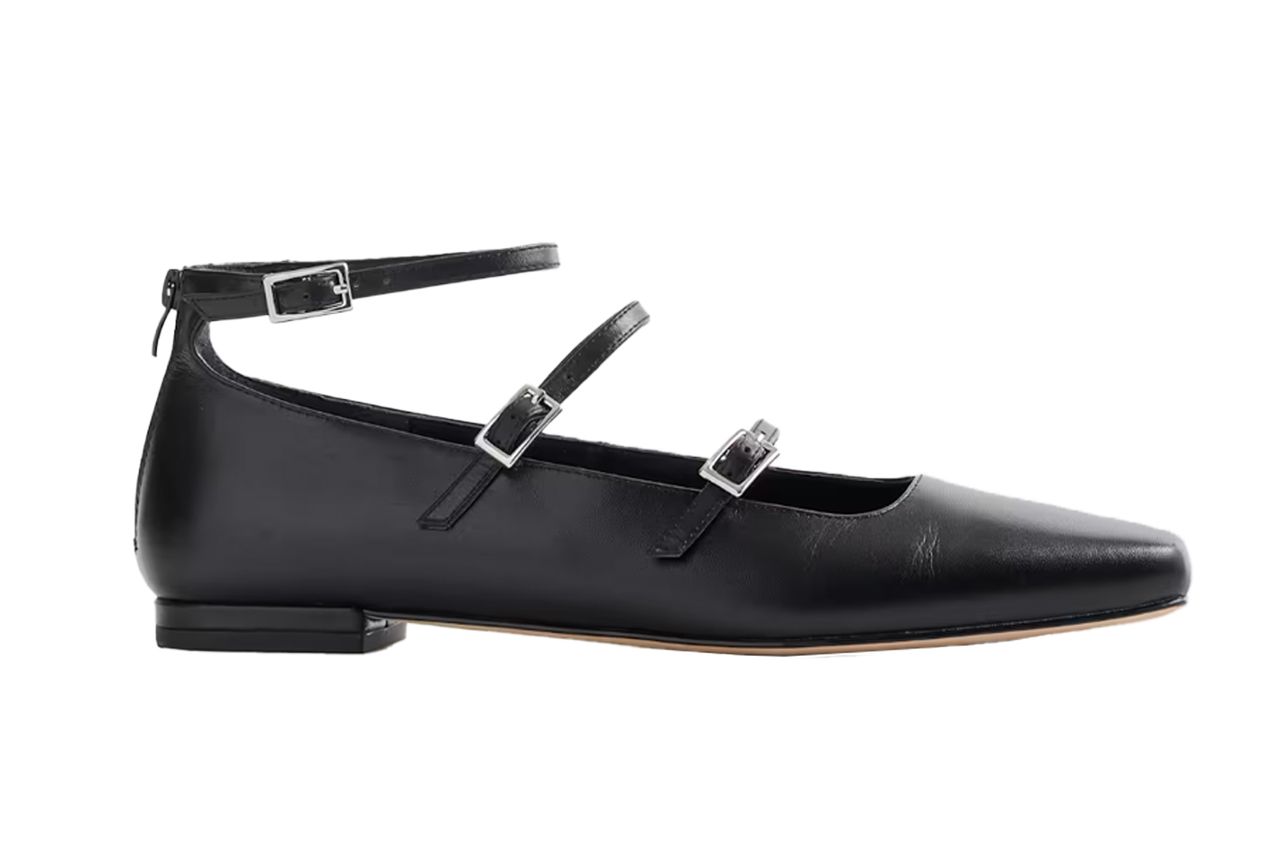 Strappy leather ballet flat with ankle and forefoot buckled straps Credit: Quince