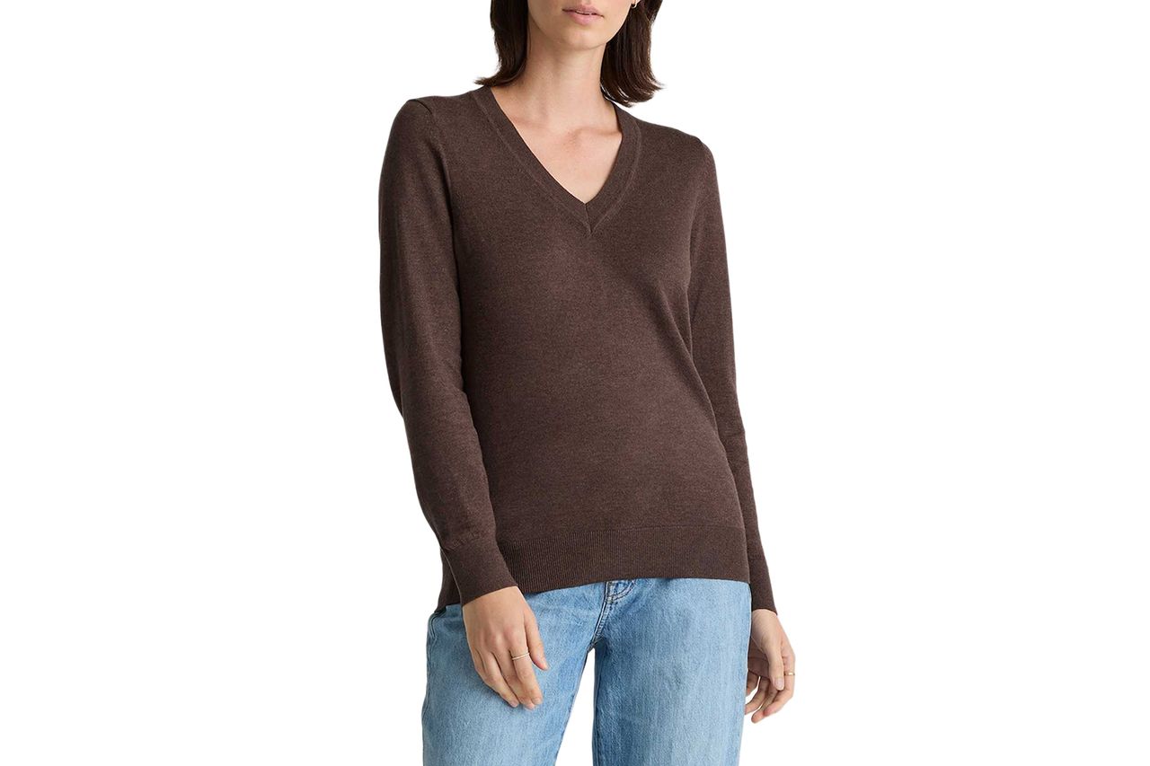 Lightweight Cotton Cashmere V-Neck Sweater Mocha Heather Credit: Quince