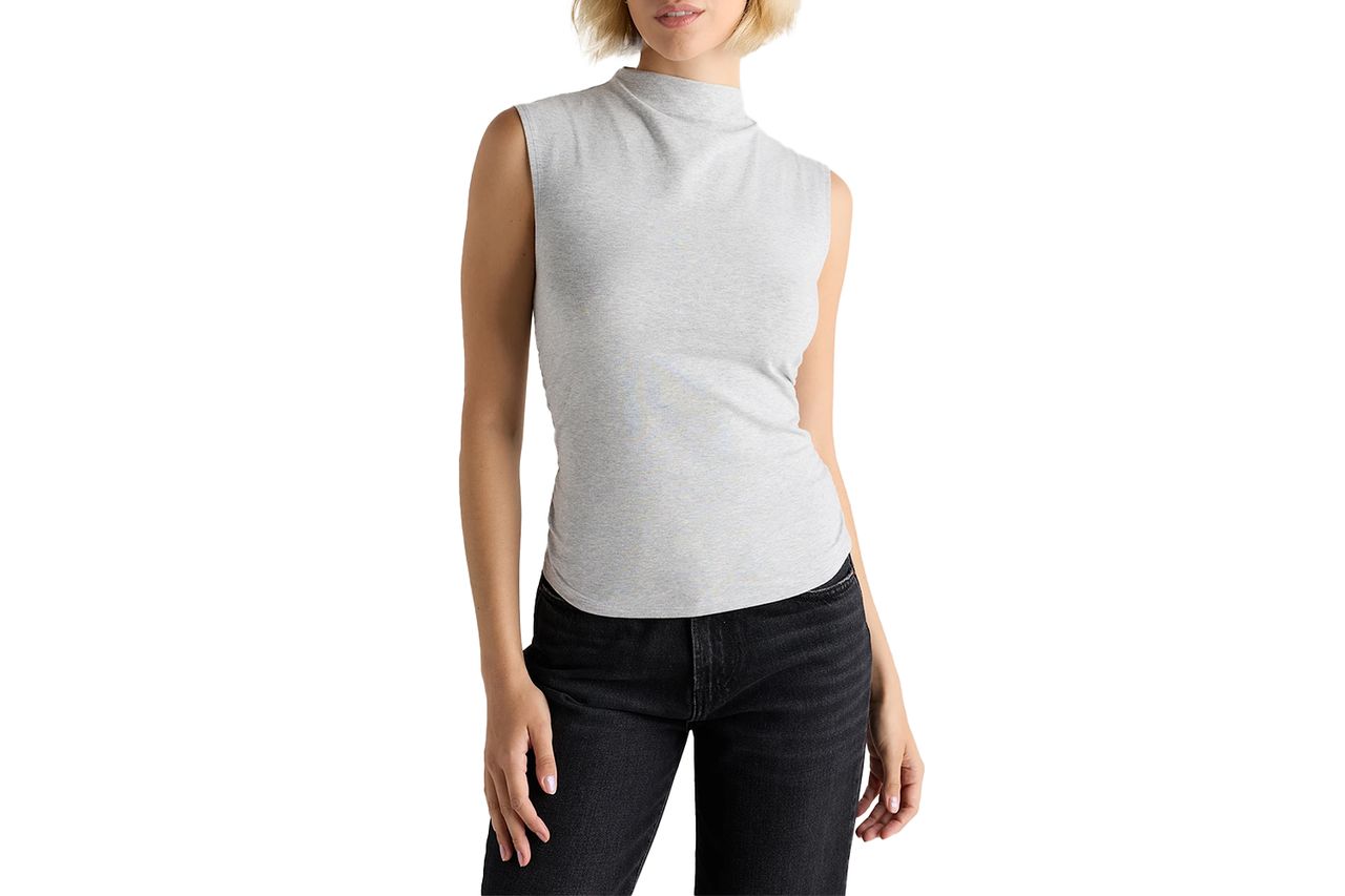 quince Stretch Cotton Jersey Sleeveless Mock Neck Top Credit: Quince