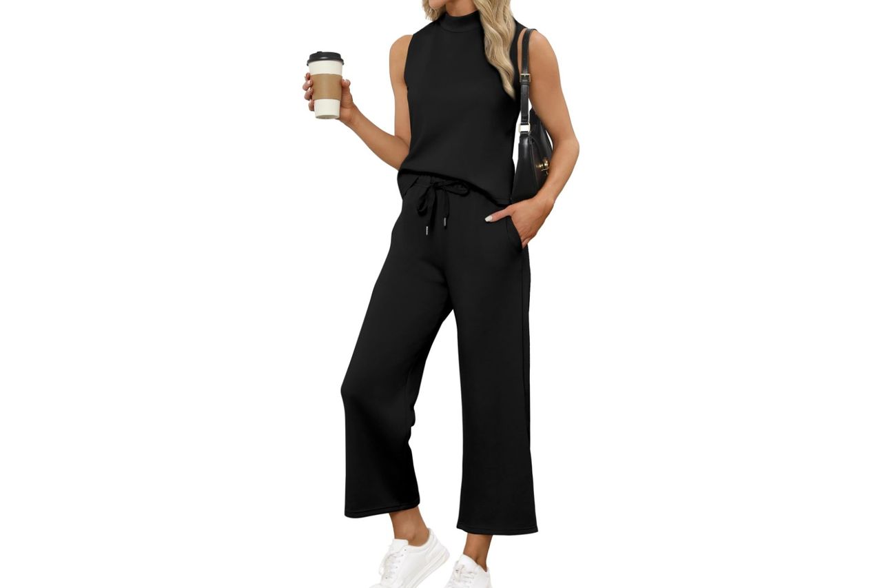 Sampeel Two Piece Sets For Women Summer Outfits Lounge Sets Mock Neck Tops Wide Leg Crop Pants Credit: Amazon