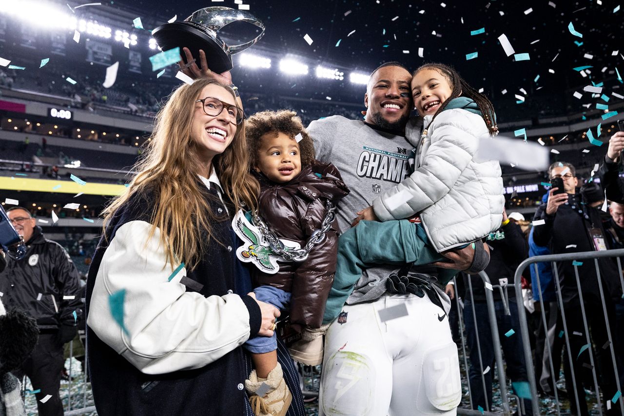Saquon Barkley #26 of the Philadelphia Eagles celebrates after the game against the Washington Commanders at Lincoln Financial Field on January 26, 2025 in Philadelphia, Pennsylvania. Saquon Barkley celebrates after the game against the Washington Commanders on January 26, 2025 in Philadelphia, Pennsylvania.Credit: Lauren Leigh Bacho/Getty