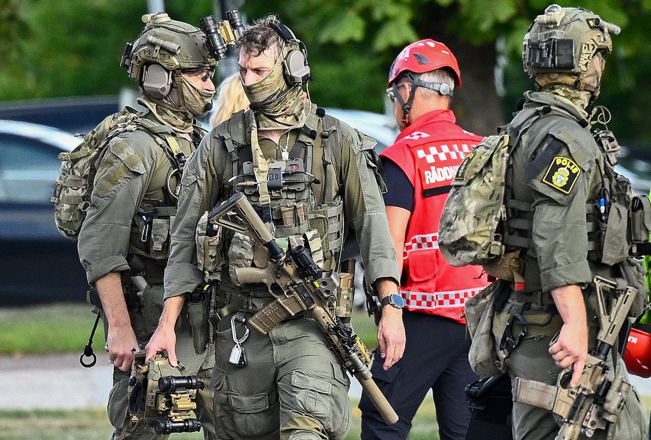 Police special forces work at the scene where an attacker with a sword wounded several people at a high school in Fagersta, central Sweden on August 21, 2026. Police special forces work at the scene where an attacker with a sword wounded several people at a high school in Fagersta, SwedenCredit: Fredrik SANDBERG / TT NEWS AGENCY / AFP via Getty