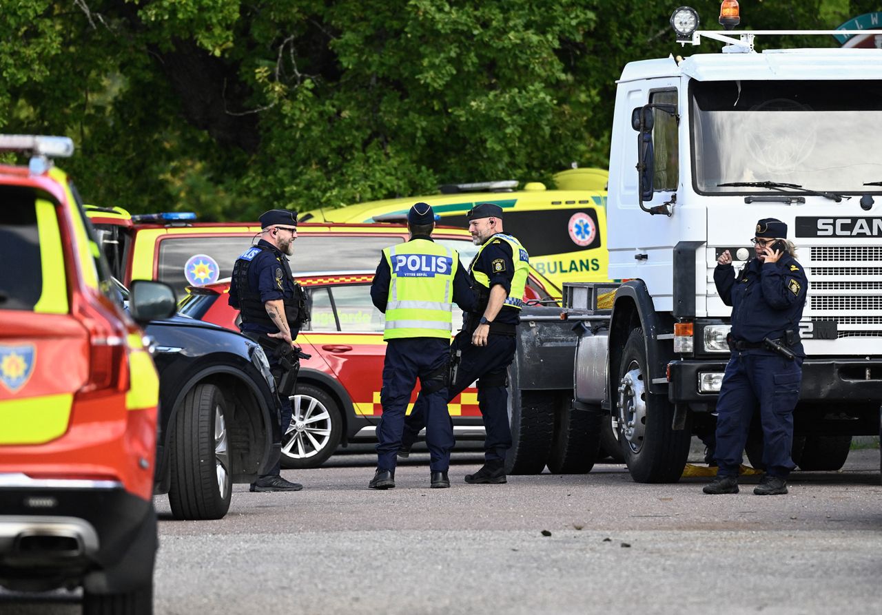 Police officers and rescue services work at the scene where an attacker with a sword wounded several people at a high school in Fagersta, central Sweden on August 21, 2026. Police investigate a sword attack at a Swedish school on Aug. 21Credit: Fredrik SANDBERG / TT NEWS AGENCY / AFP via Getty