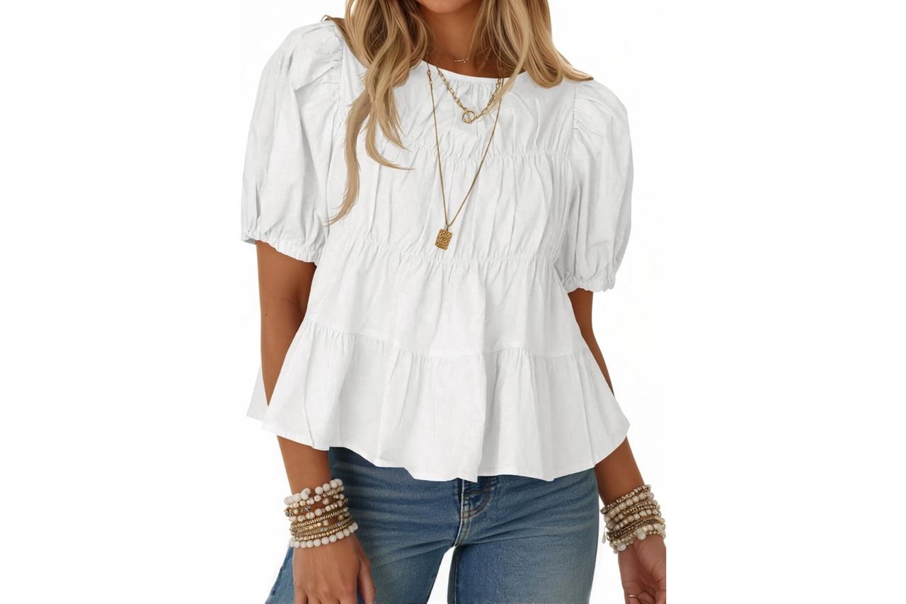 Tankaneo Womens Puff Sleeve Peplum Babydoll Tops Summer Smoked Pleated Cotton T-Shirts Casual Loose Fit Flowy Blouse Credit: Amazon