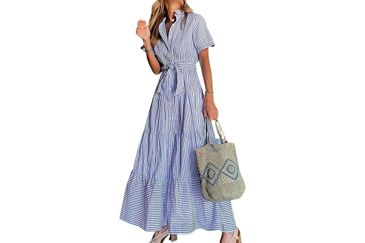 utcoco Womens Casual Short Sleeve Button Down Tie Waist Ruffled Striped Maxi Shirt Dress Credit: Amazon