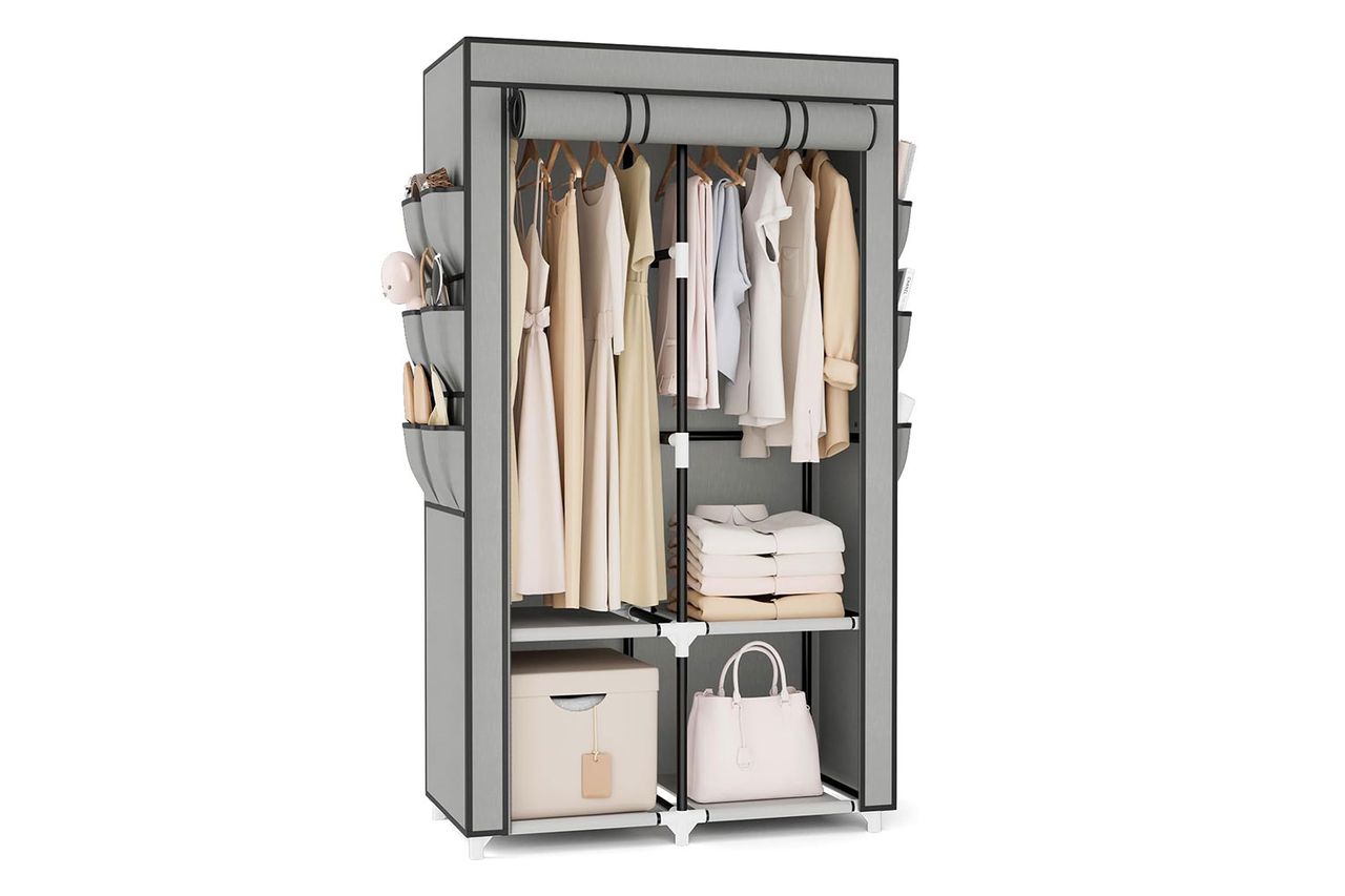 VTRIN Portable Closet Wardrobe for Hanging Clothes with 4 Storage Shelves, 2 Hanging Rods and 6 Pockets, Stable Credit: Amazon