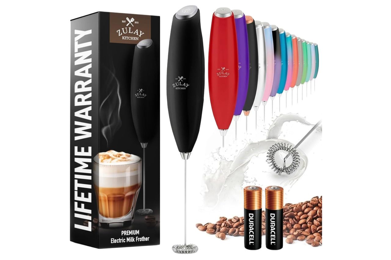 Zulay Kitchen Milk Frother Handheld Electric Whisk – Frother Wand, Durable Drink Mixer, Coffee Frother, Hand Blender, Frother for Protein Powder, Matcha & More - Black Credit: Amazon