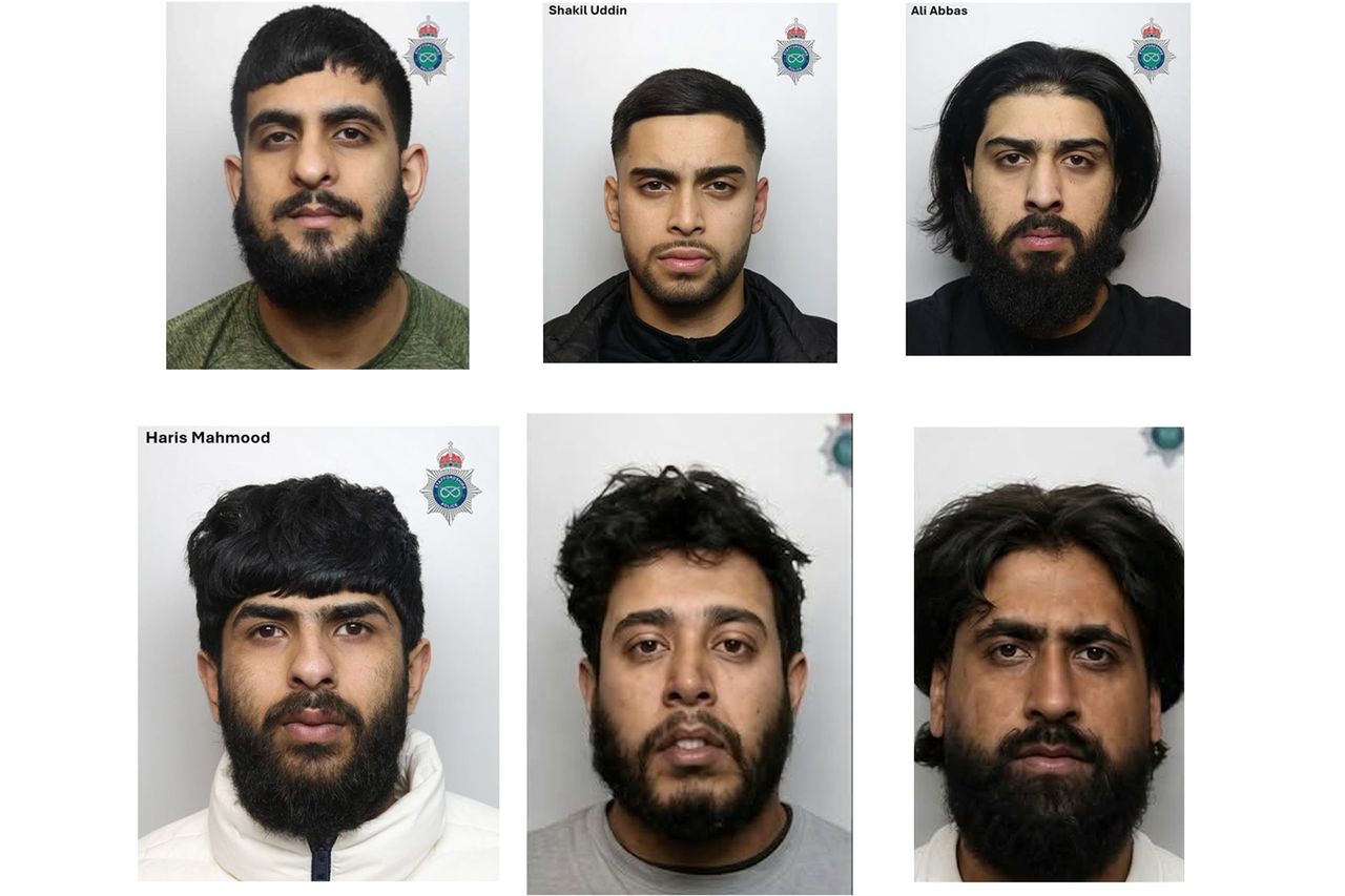 The mugshots of Lukman Khan, Shakil Uddin and Ali Abbas (top row); the mugshots of Haris Mahmood, Naveed Hussain and Kashif Ahmed (bottom row)Credit: Staffordshire Police