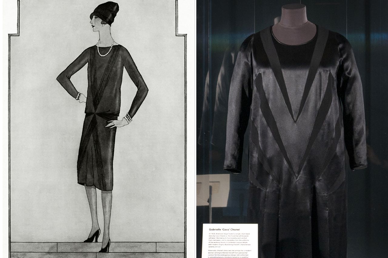 Illustration of a model wearing a black long-sleeved dress with a series of tucks that cross in the front, which is Chanel's Little Black Dress - “Little black dress” illustration; dress on display at the National Museum of Scotland.Credit: Condé Nast via Getty; Jane Barlow/PA Images via Getty