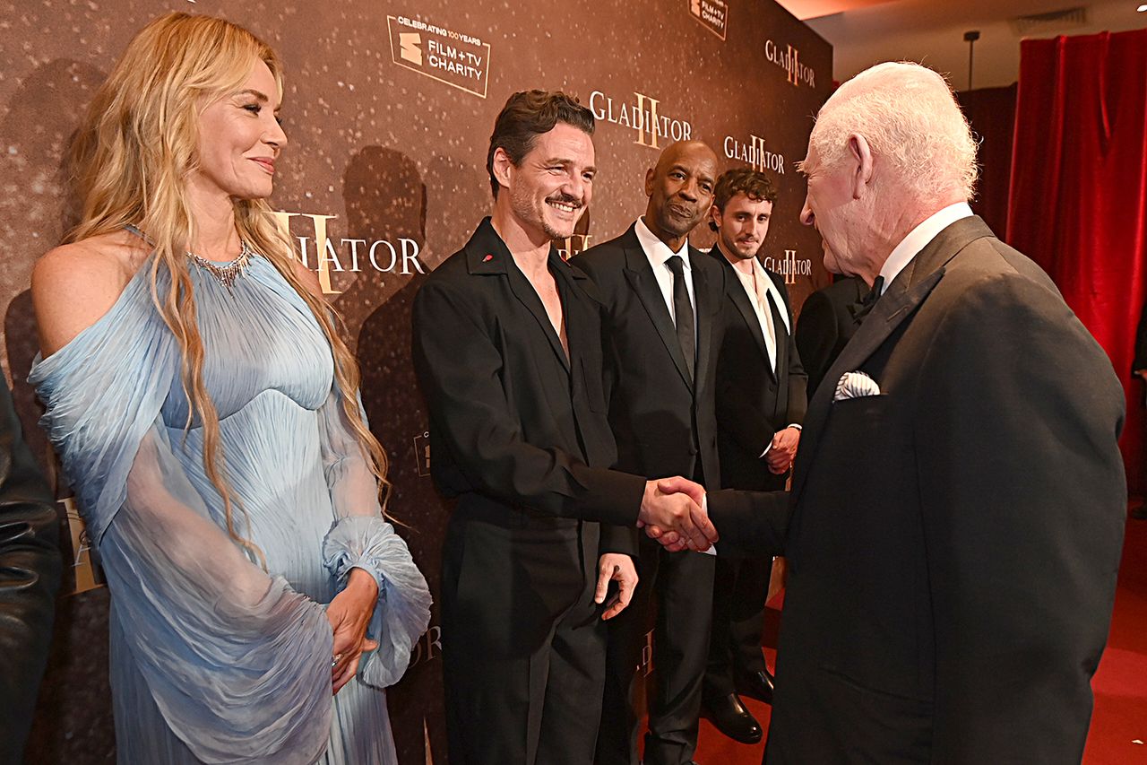 Connie Nielsen looks on as King Charles III meets Pedro Pascal as they attend the Royal Film Performance and Global Premiere of King Charles meets with ‘Gladiator II’ stars Connie Nielsen, Pedro Pascal, Denzel Washington and Paul Mescal at the film’s London premiere on Nov. 13, 2024Credit: Eddie Mulholland - WPA Pool/Getty