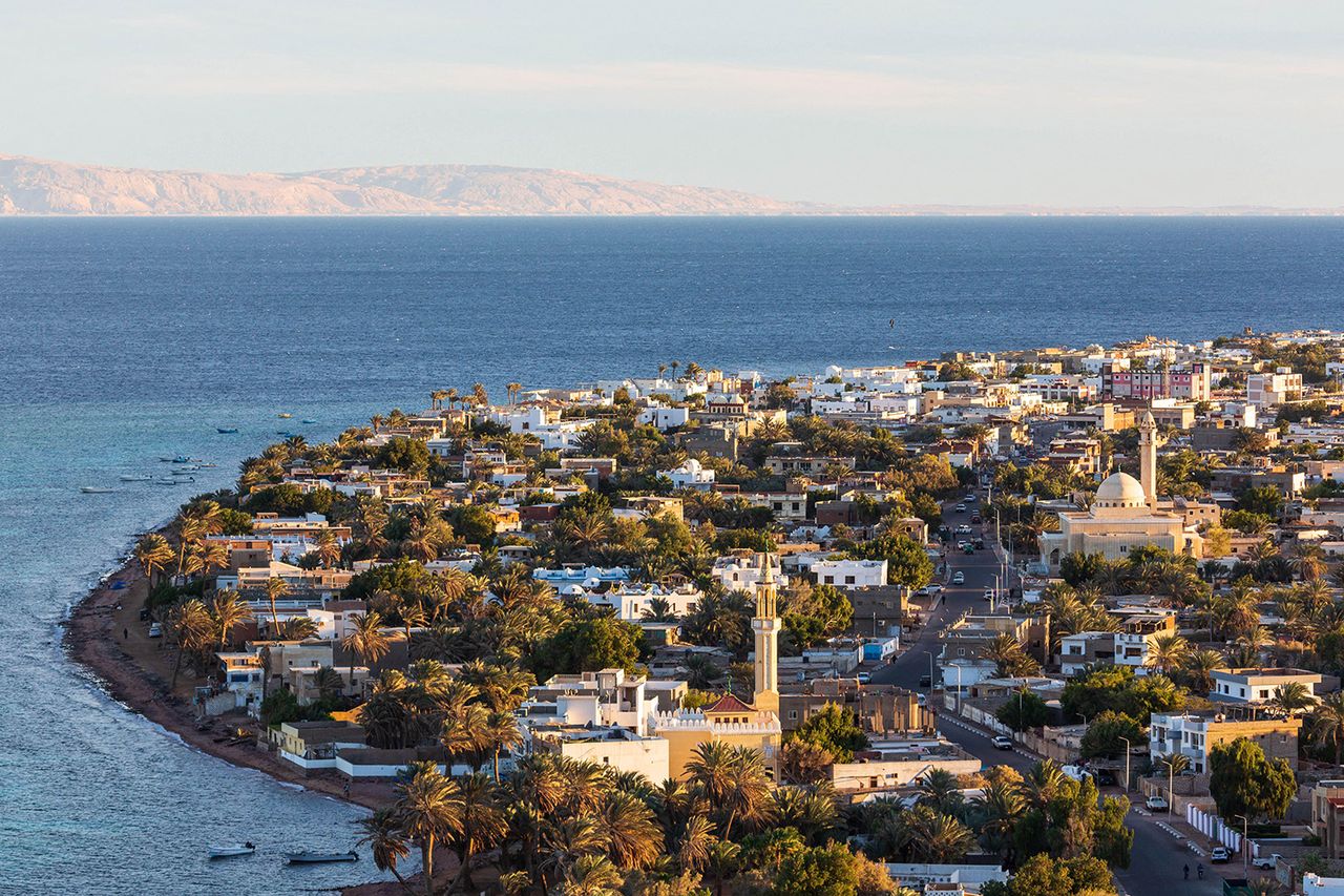Aerial view of Dahab town from the mountain nearby, South Sinai, Egypt Dahab in South Sinai, EgyptCredit: Anastasiia Smirnova/Alamy