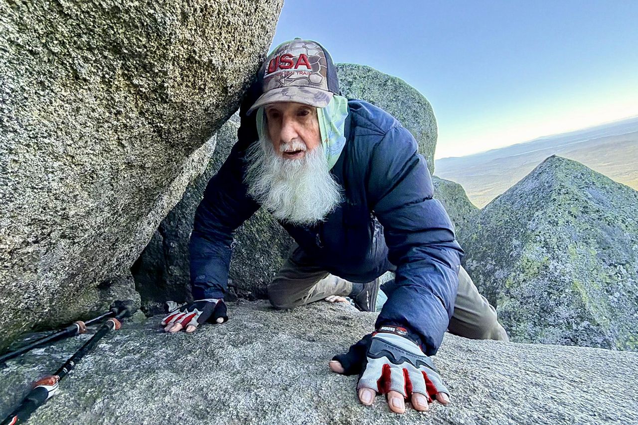 Dale Sanders Dale Sanders, 91, climbs a section of Mt. Katahdin, Monday, Aug. 31, 2026Credit: AP Photo/Robert F. Bukaty