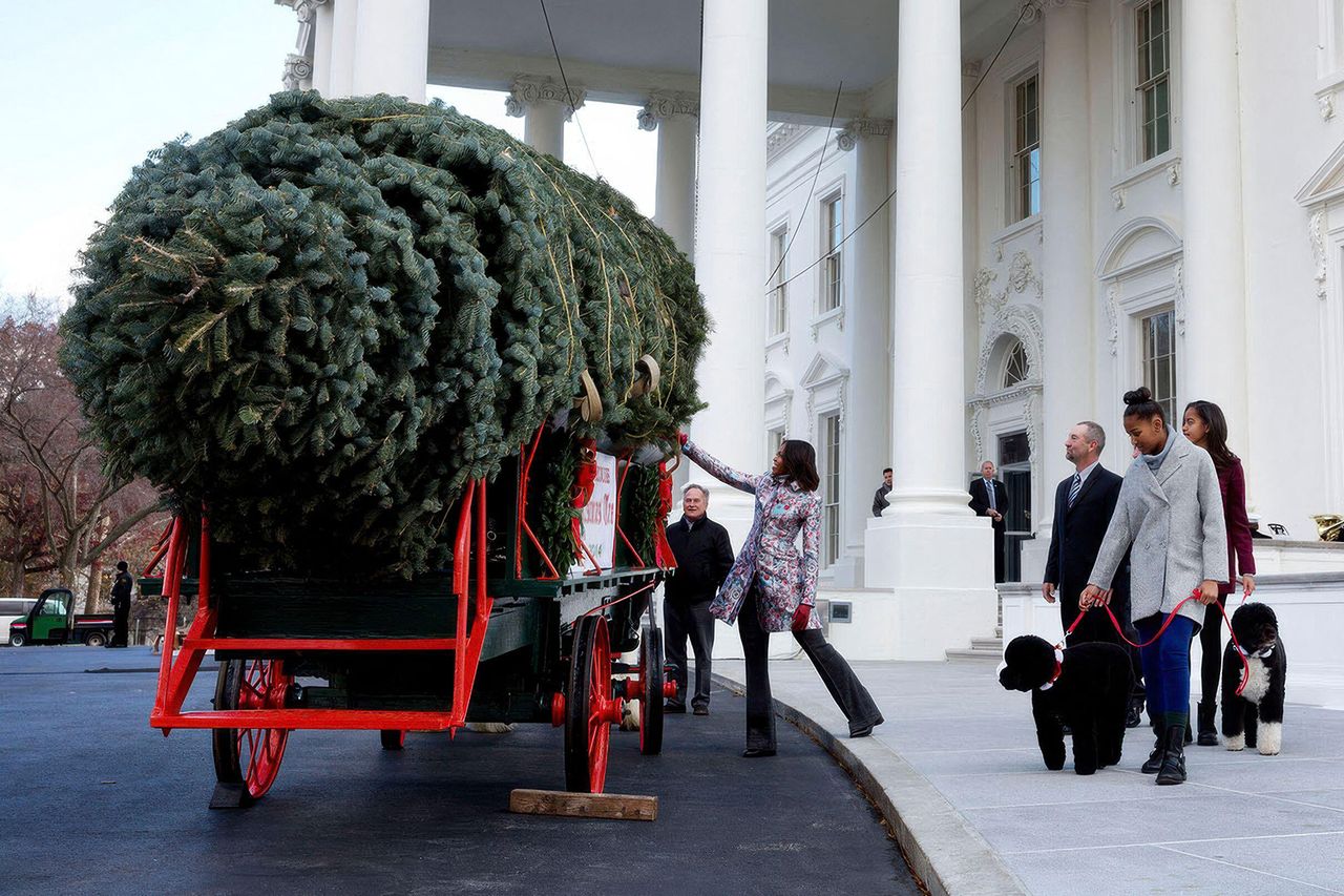 The Obamas around Christmas with their dogs Bo and Sunny in 2014Credit: Official White House photo by Chuck Kennedy via Alamy