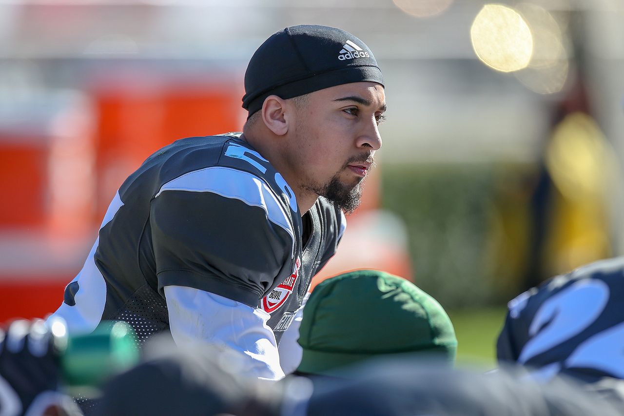 Blaise Taylor during the NFLPA Collegiate Bowl on January 20, 2018 in Pasadena, CA. Blaise Taylor in 2018Credit: Jordon Kelly/Icon Sportswire via Getty