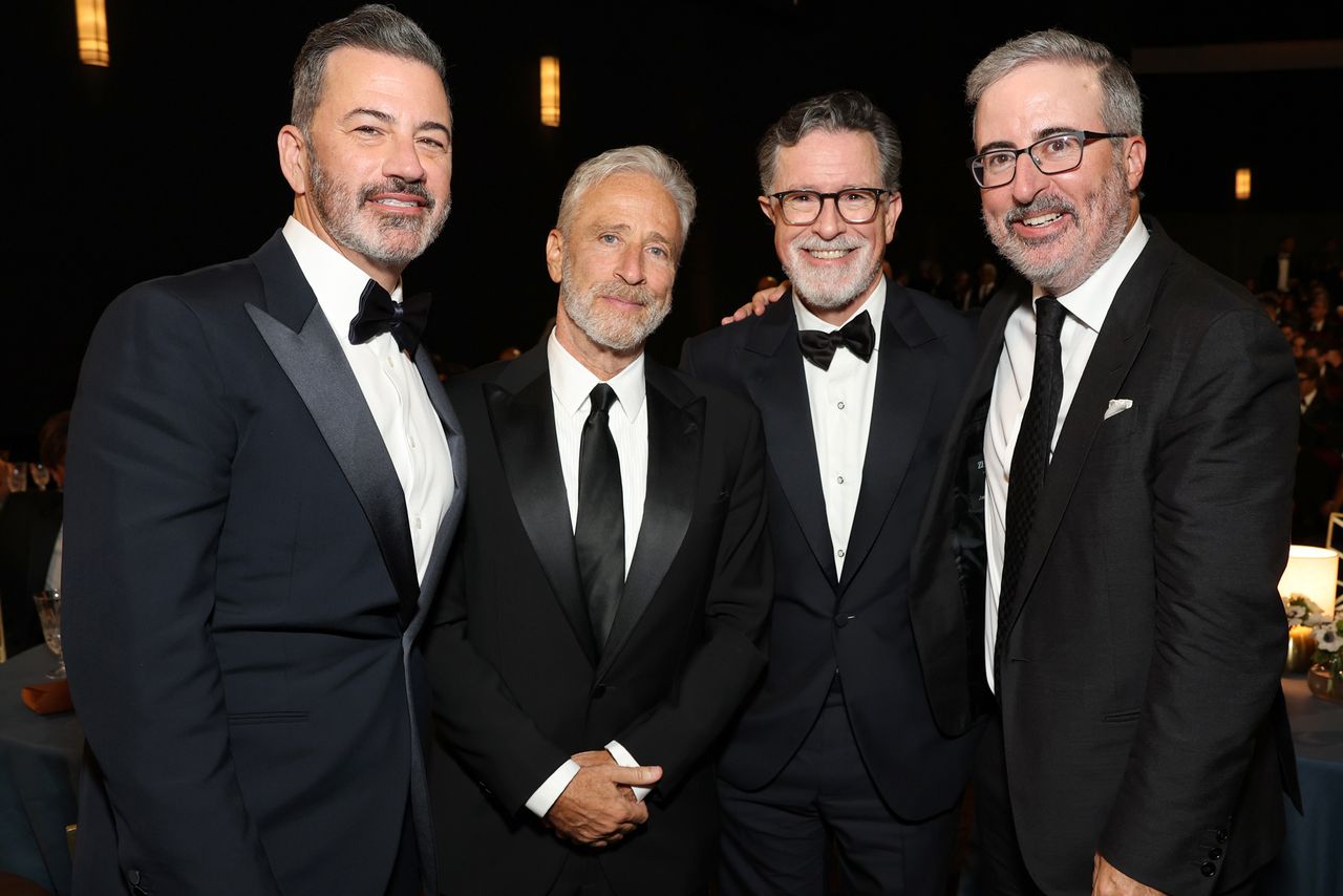 Jimmy Kimmel, Jon Stewart, Stephen Colbert and John OliverCredit: Todd Williamson/NBC via Getty
