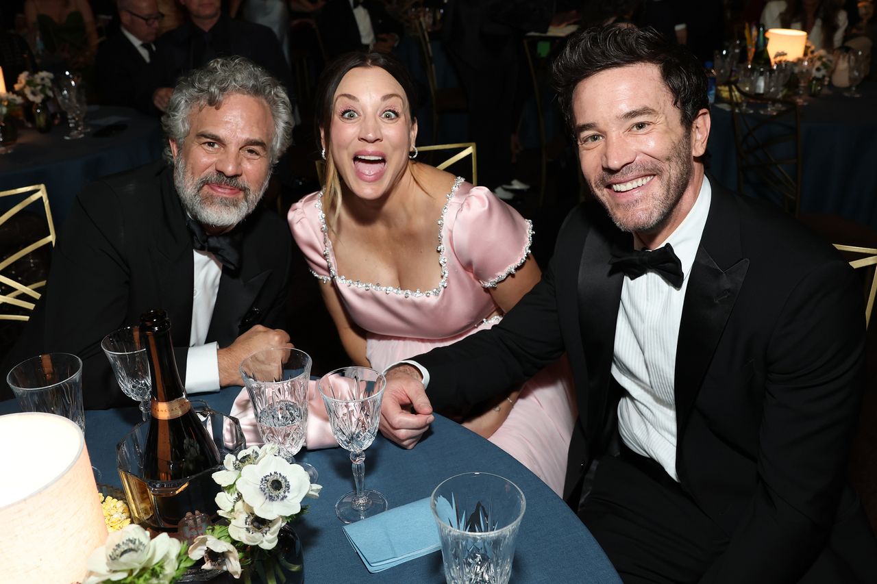 Mark Ruffalo, Kaley Cuoco and Tom PelphreyCredit: Todd Williamson/NBC via Getty