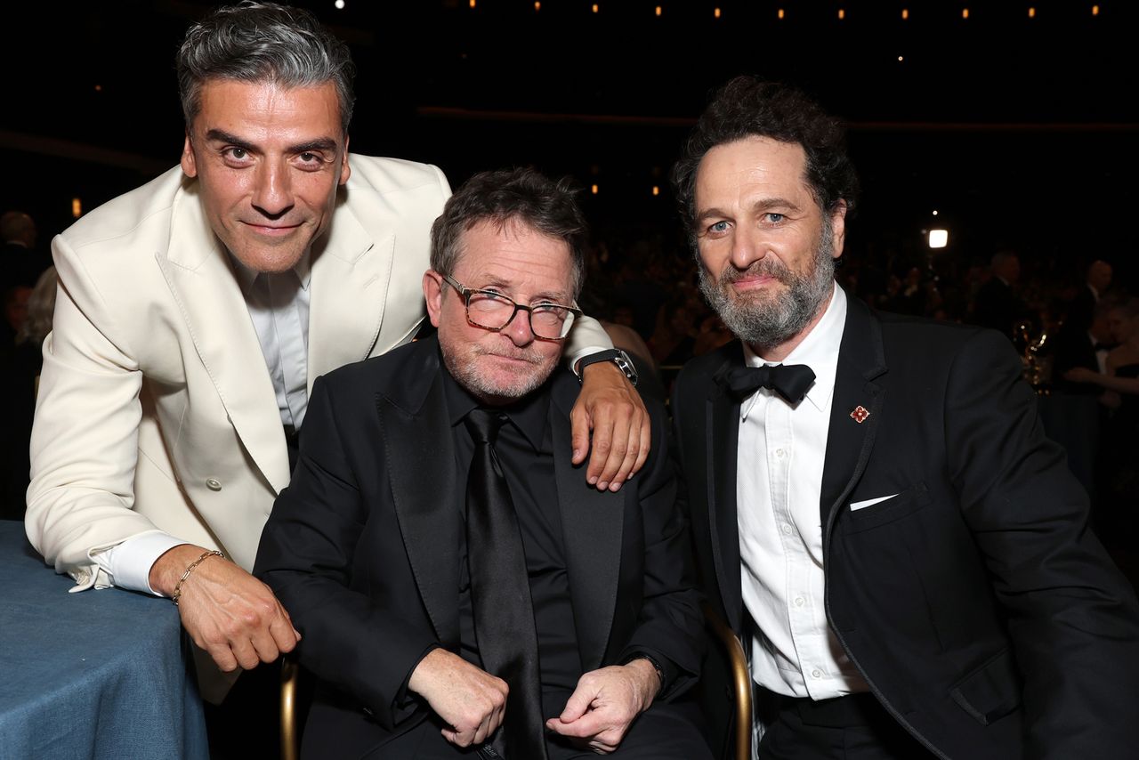 Oscar Isaac, Michael J. Fox and Matthew RhysCredit: Todd Williamson/NBC via Getty