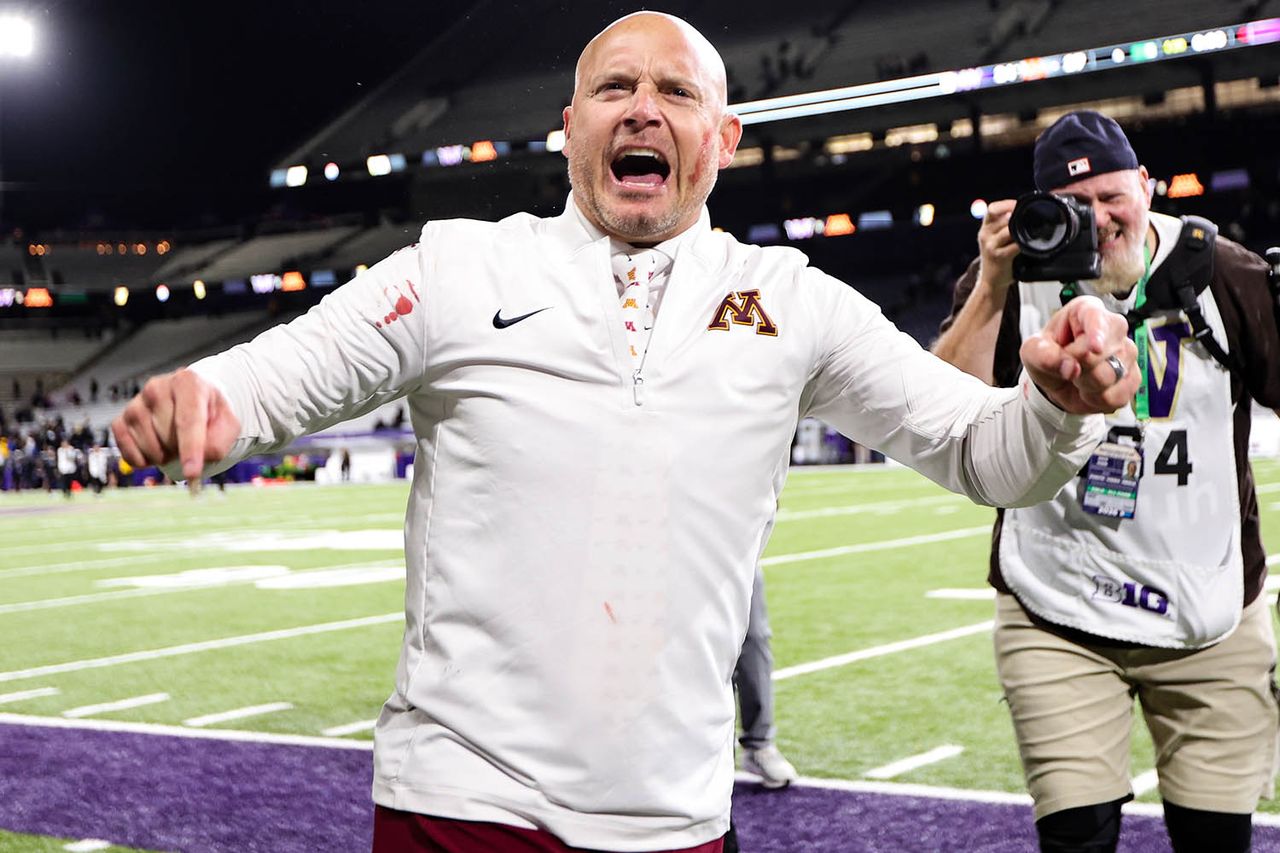 Head coach P. J. Fleck of the Minnesota Golden Gophers reacts after defeating the Washington Huskies at Husky Stadium on September 26, 2026 in Seattle, Washington. P. J. Fleck reacts after the Minnesota Golden Gophers defeat the Washington Huskies on Sept. 26, 2026Credit: Kevin Ng/Gett