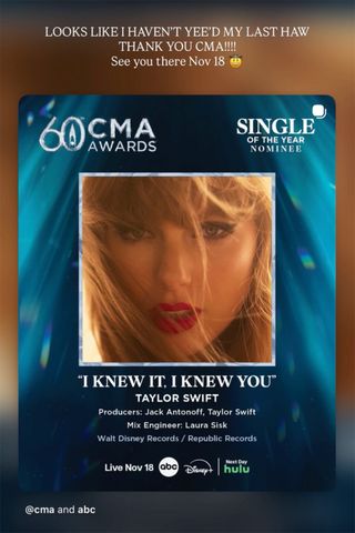 Taylor Swift CMA attendance Taylor Swift on CMA Awards attendanceCredit: Taylor Swift/Instagram