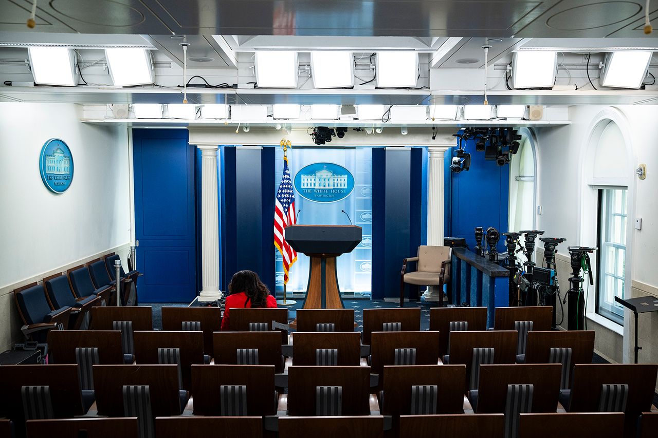 The White House press briefing room featuring the podium American flag and seating area The White House Briefing Room on Sept. 19, 2026Credit: Graeme Sloan/Getty
