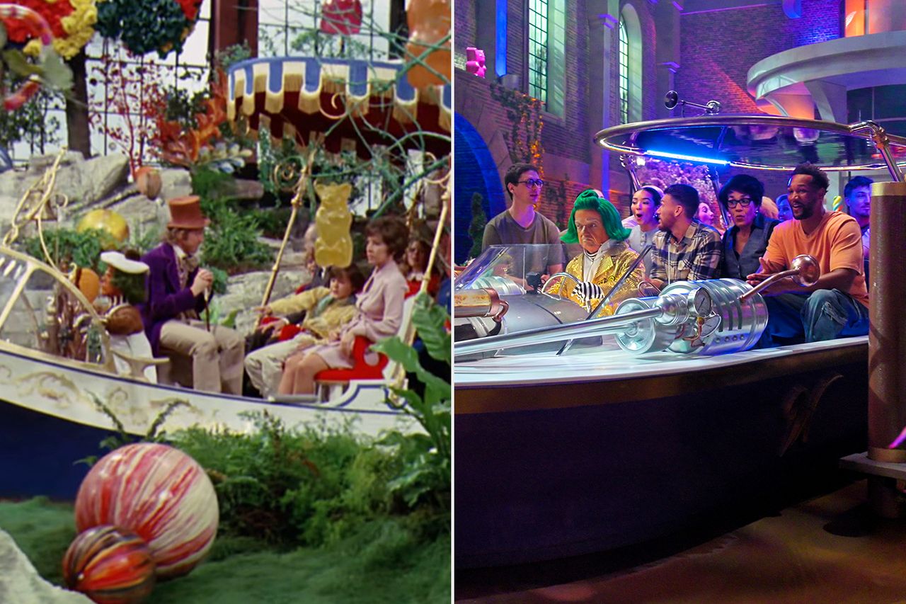 Willy Wonka & the Chocolate Factory; Jackson, Rusty Goffe, Gabby, Hunter, Shawn, Garrison, Austin, Marcy, Ray in episode 102 of Wonka's The Golden Ticket. Wonka’s boat in ‘Willy Wonka and the Chocolate Factory’; the Wonkatania in ‘Wonka’s the Golden Ticket’Credit: Warner Bros; Courtesy of Netflix