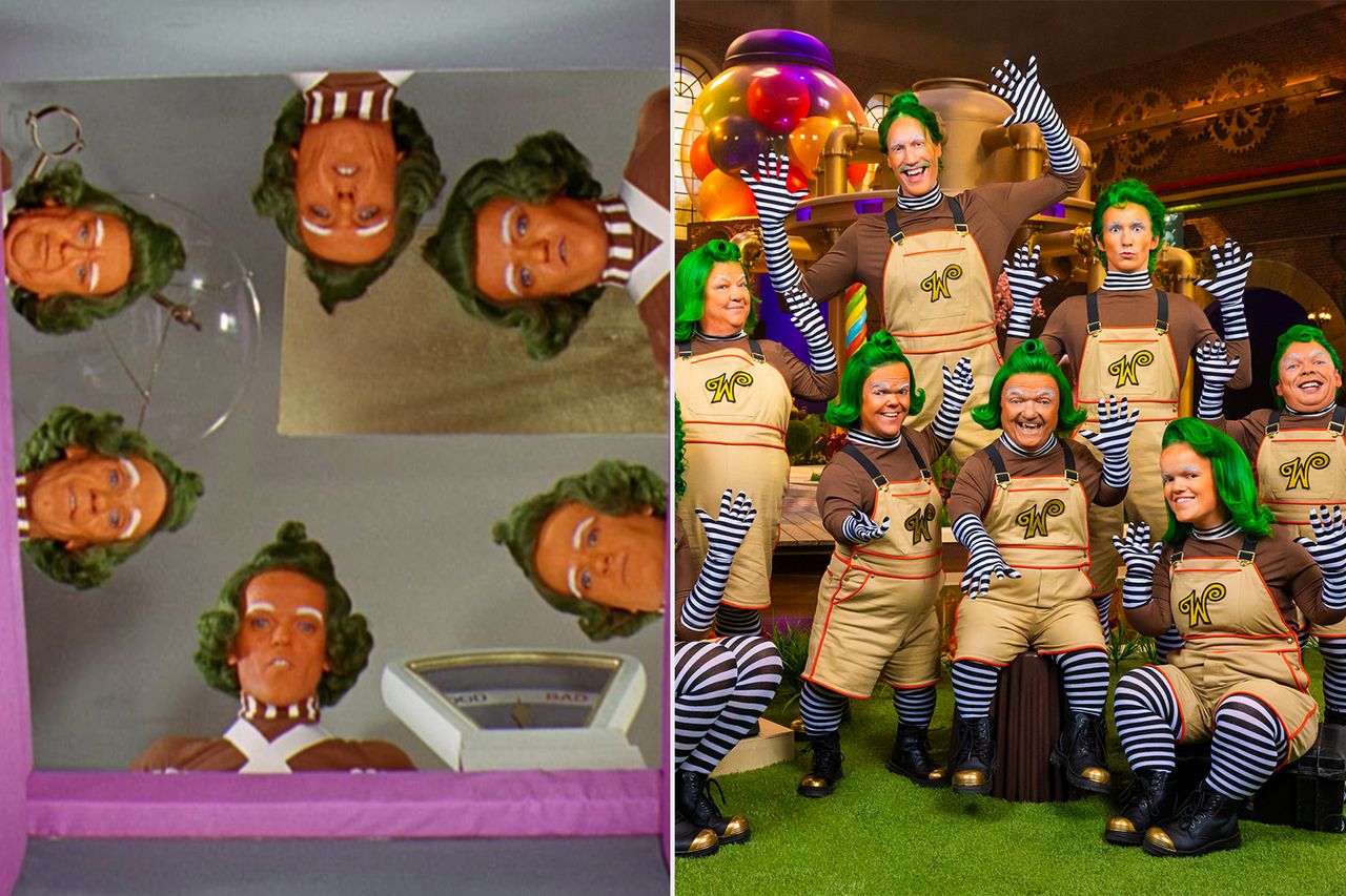 Willy Wonka & the Chocolate Factory; Alivia McCarthy, Beccy Benjamin, Ben Goffe, Mitchell Marione, Rusty Goffe, Ash Magic, Tiffany, Dane Noonan in season 1 of Wonka's The Golden Ticket Oompa Loompas in ‘Willy Wonka’; Oopma Loompa’s in ‘Wonka’s the Golden Ticket’Credit: Warner Bros; James Gourley/Netflix