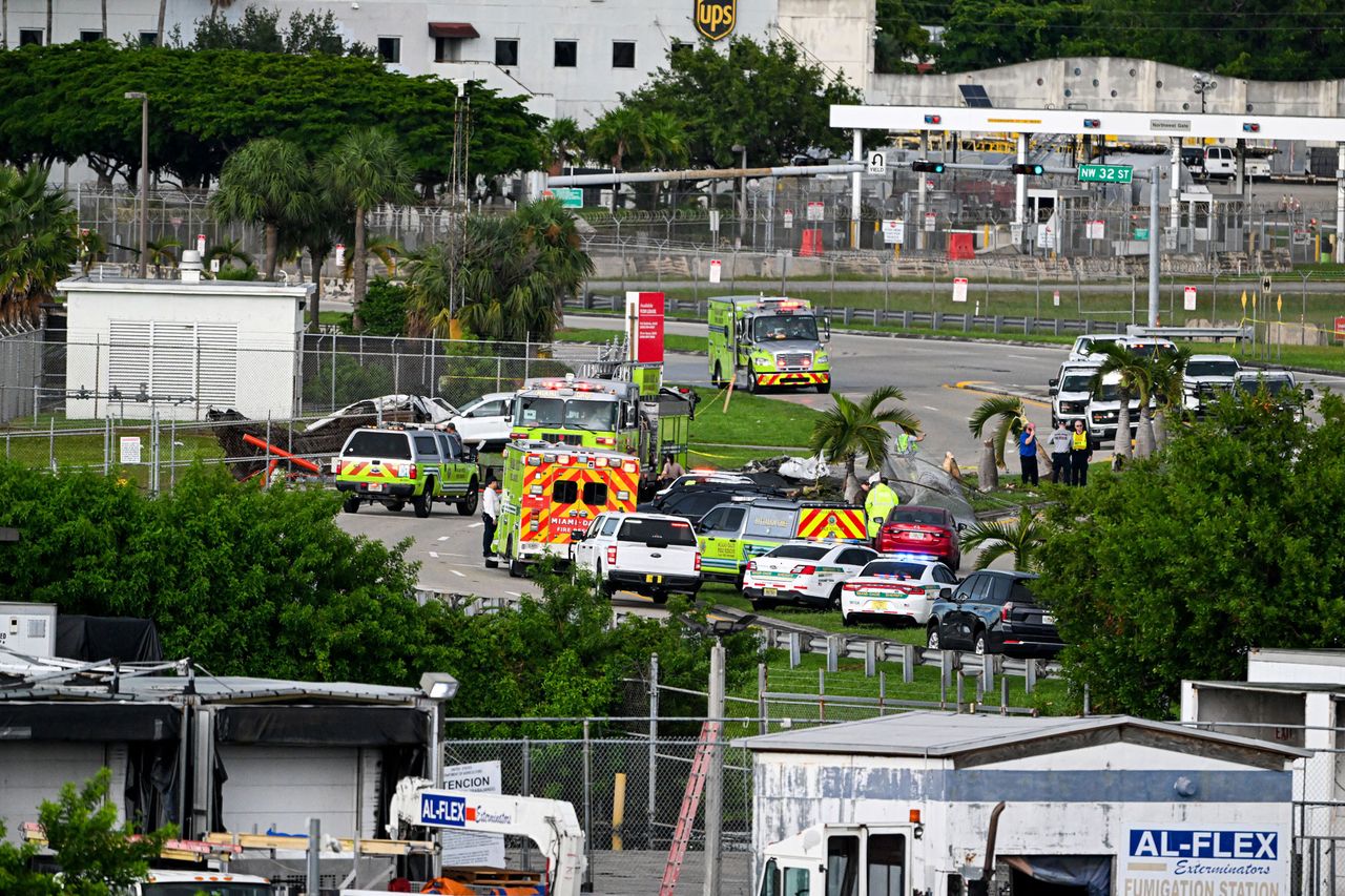 An Amazon cargo plane is seen after it crashed at Miami International Airport on September 06, 2026 in Miami, Florida Officials investigate the scene where a Prime Air cargo plane overran the runway and crashed into other vehicles at Miami International Airport at Miami International Airport in Miami on Sept. 6, 2026Credit: CHANDAN KHANNA / AFP via Getty