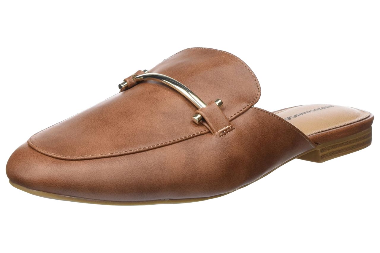 Amazon Essentials Women's Slip-on Backless Buckle Mule Loafer, Beige Crocodile Leather Credit: Amazon