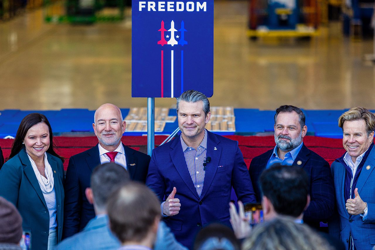 Senator Ashley Moody, a Republican from Florida, from left, Jeff Bezos, founder of Amazon.com Inc., Pete Hegseth, US secretary of defense, Representative Cory Mills, a Republican from Florida, and Representative Mike Haridopolos, a Republican from Florida, at the Blue Origin manufacturing complex in Merritt Island, Florida, US, on Monday, Feb. 2, 2026. Florida Sen. Ashley Moody, Amazon founder Jeff Bezos, Defense Secretary Pete Hegseth, Florida Rep. Cory Mills, and Florida Rep. Mike Haridopolos in Merritt Island, Fla., on Feb. 2.Credit: Saul Martinez/Bloomberg via Getty