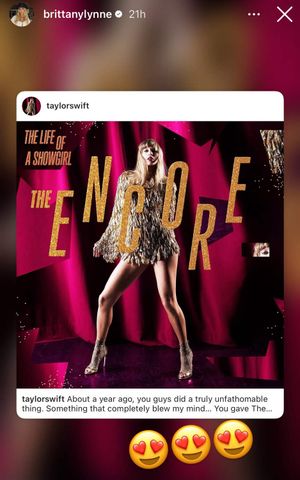 Brittany Mahomes posts taylors new album cover on her instagram story Brittany Mahomes reposts Taylor Swift’s “The Life of a Showgirl: The Encore” announcement to her Instagram Stories with a sweet emoji reaction.Credit: Brittany Mahomes/Instagram