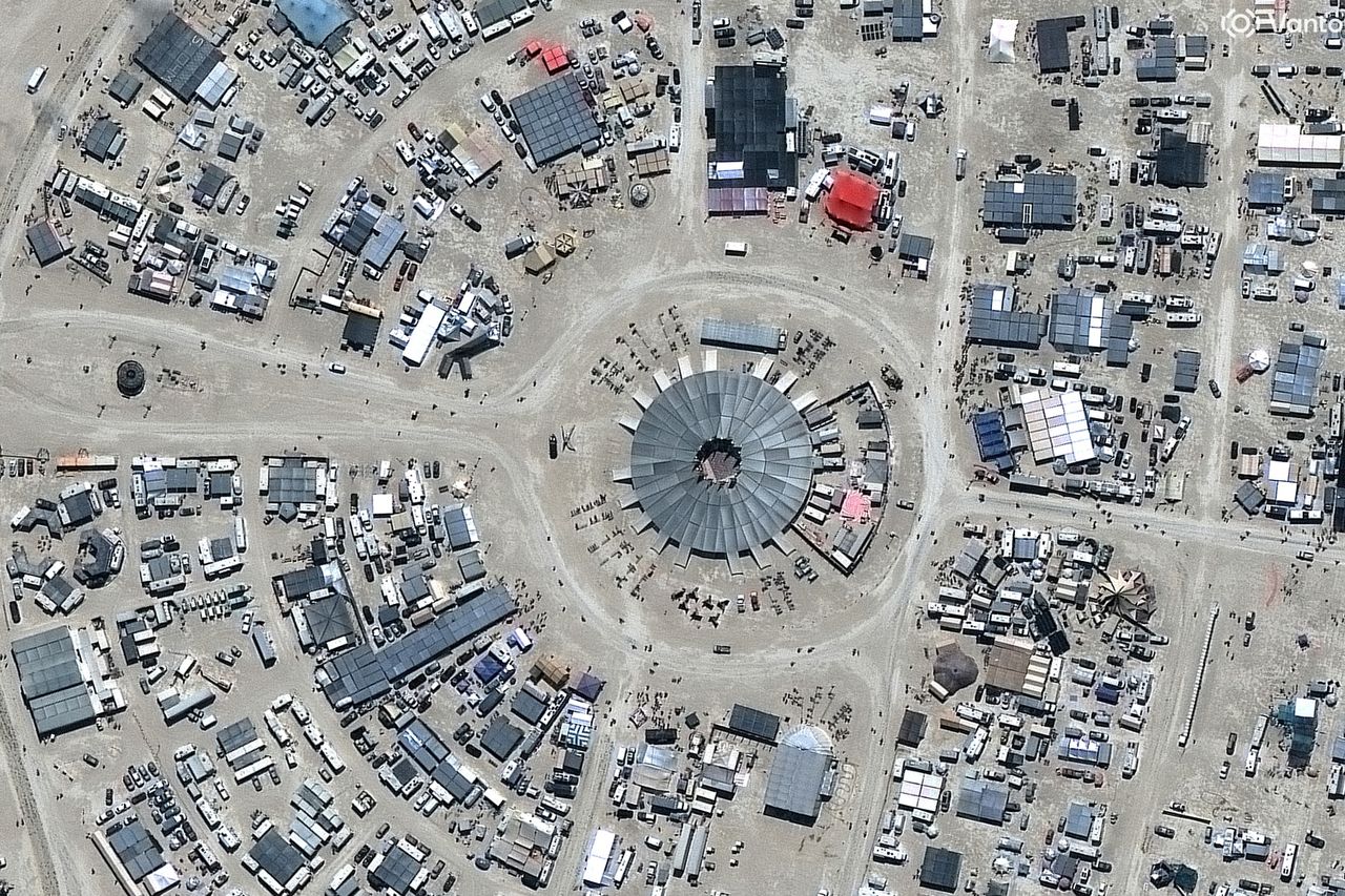 Vantor satellite image shows the center of the Burning Man festival site in Black Rock City with its distinctive circular layout and numerous temporary structures. Burning Man festival in Black Rock City, Nev.Credit: Getty