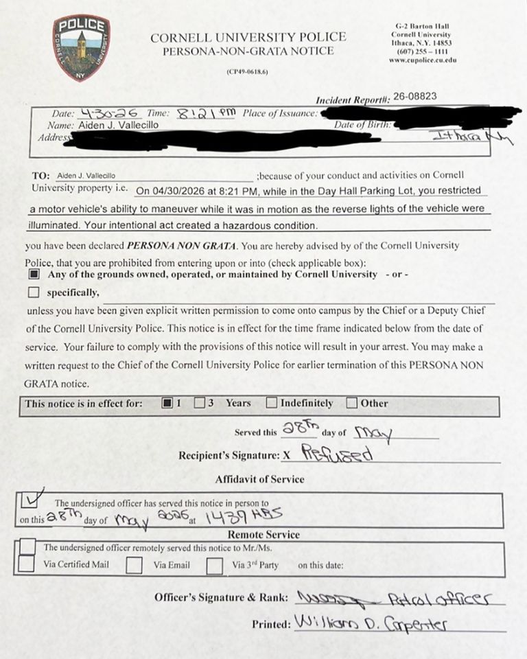 Police Report - Cornell President Accused of Running Over Student's Foot Earlier this Year, Then Banning Him from Campus Persona Non Grata NoticeCredit: Cornell Police