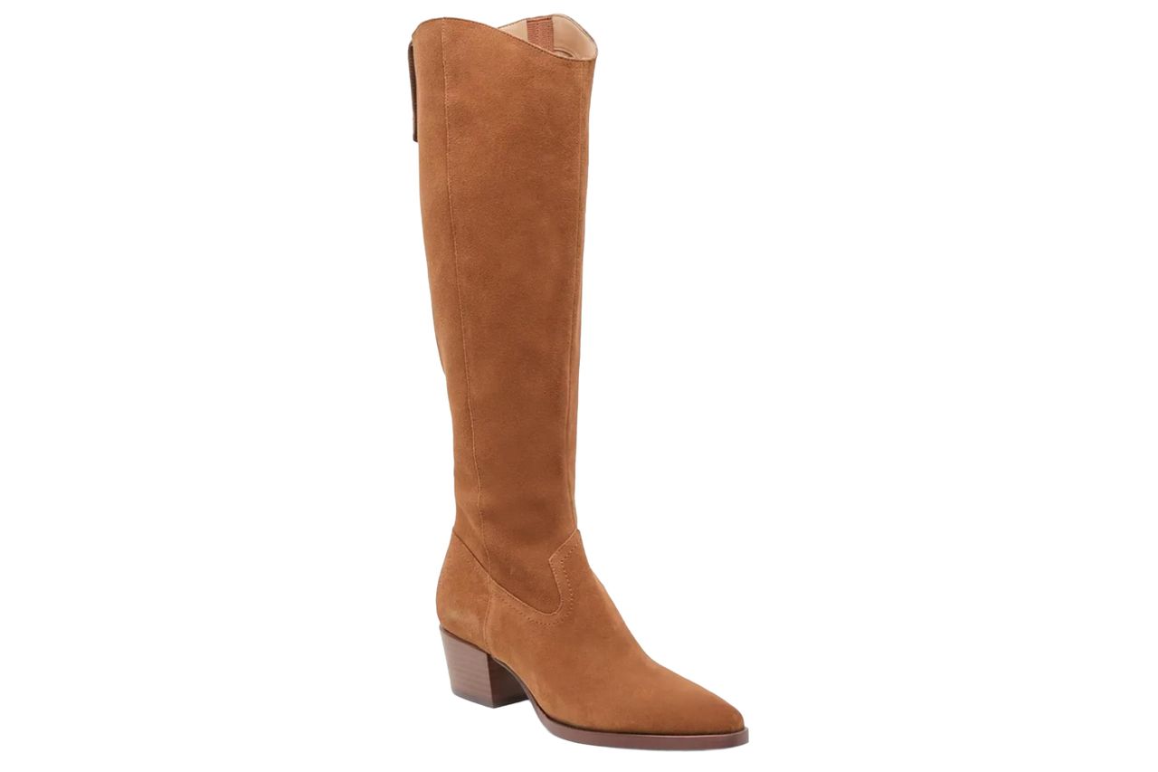 Coutgo Women Knee High Boots Wide Calf Chunky Heel Pointed Toe Zip Boots Credit: Amazon