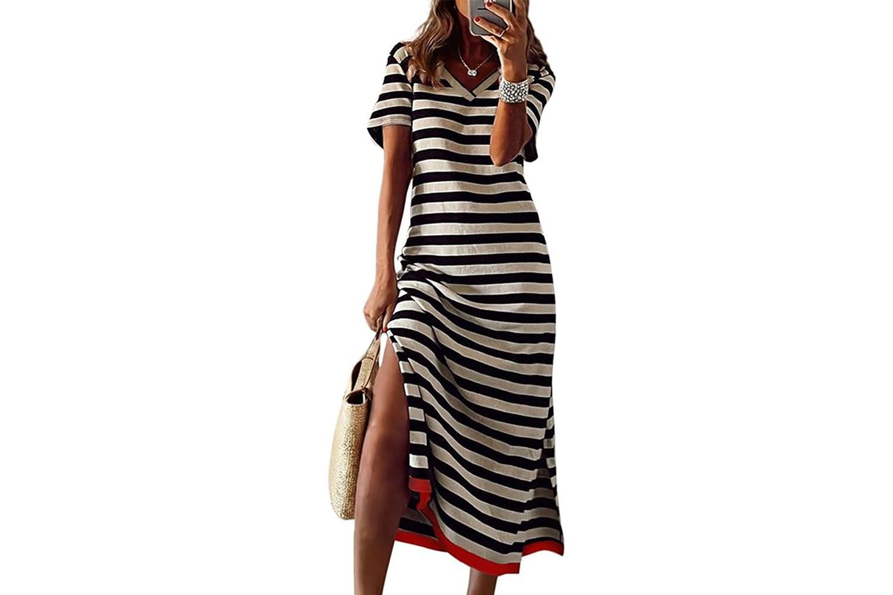 Dokotoo Womens 2026 Short Sleeve Maxi Dress Striped Split T Shirt Dress | Summer Spring Fall,V Neck,Long Dresses Credit: Amazon
