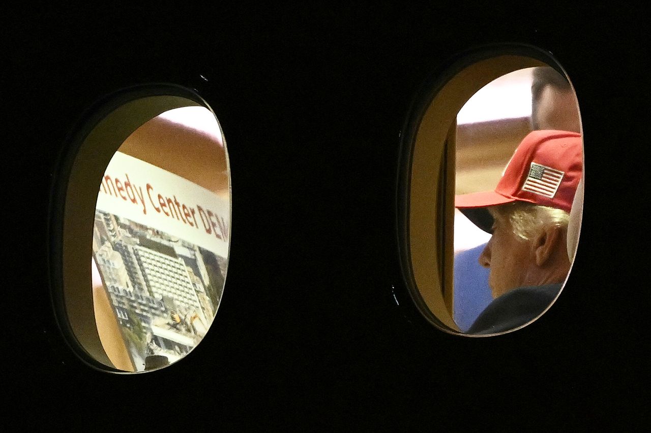 US President Donald Trump is seen aboard Air Force One checking a Kennedy Center large printout after landing at Joint Base Andrews, Maryland on September 16, 2026. Trump, who is returning from Gastonia, North Carolina after campaigning for Republican US Senate candidate Michael Whatley, threatened on September 15, 2026 to keep the Kennedy Center closed for good after a judge ruled his name cannot be added onto the famed arts institution's facade. Donald Trump aboard Air Force One at Joint Base Andrews, Maryland on September 16, 2026.Credit: Brendan SMIALOWSKI / AFP via Getty