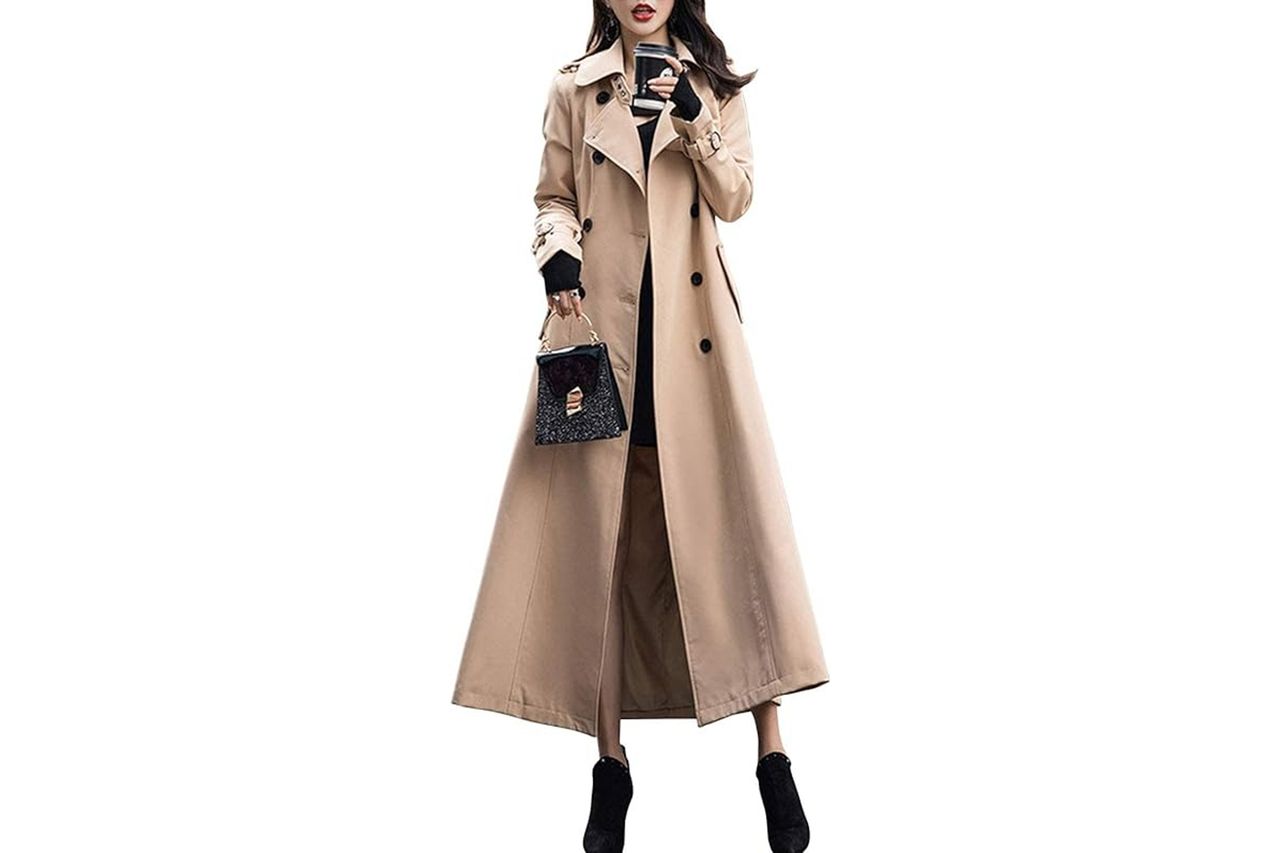 Amazon ebossy Women's Double Breasted Duster Trench Coat Slim Full Length Maxi Long Overcoat Credit: Amazon