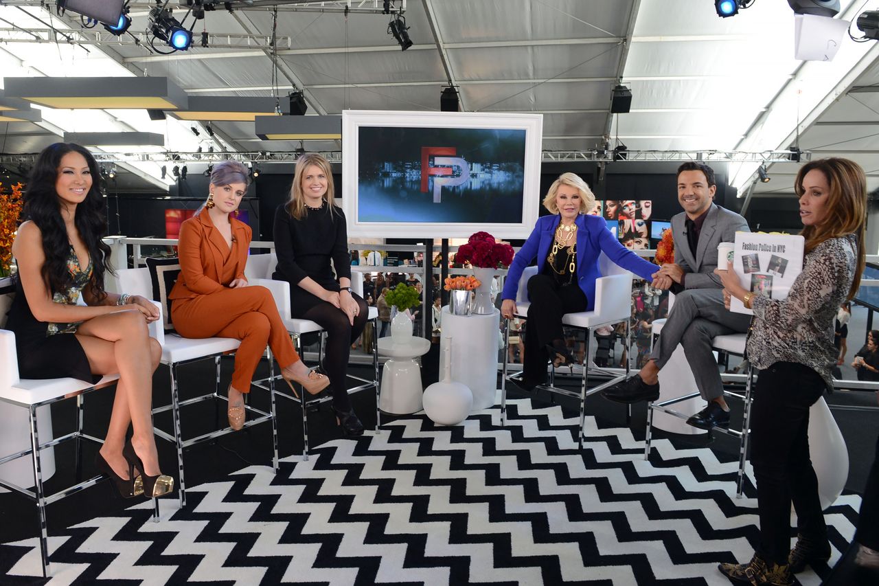 The ‘Fashion Police’ crew in 2012: designer Kimora Lee Simmons, host Kelly Osbourne, designer Jenny Packham, hosts Joan Rivers and George Kotsiopoulos and producer Melissa Rivers.Credit: Andrew H. Walker/Getty
