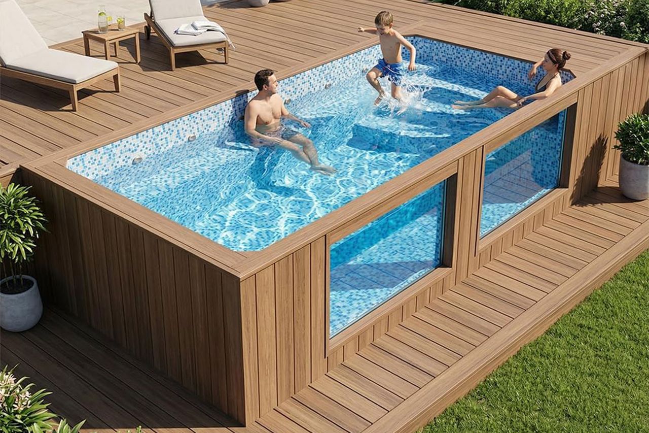 Aboveground fiberglass swimming pool with a family enjoying Credit: Amazon